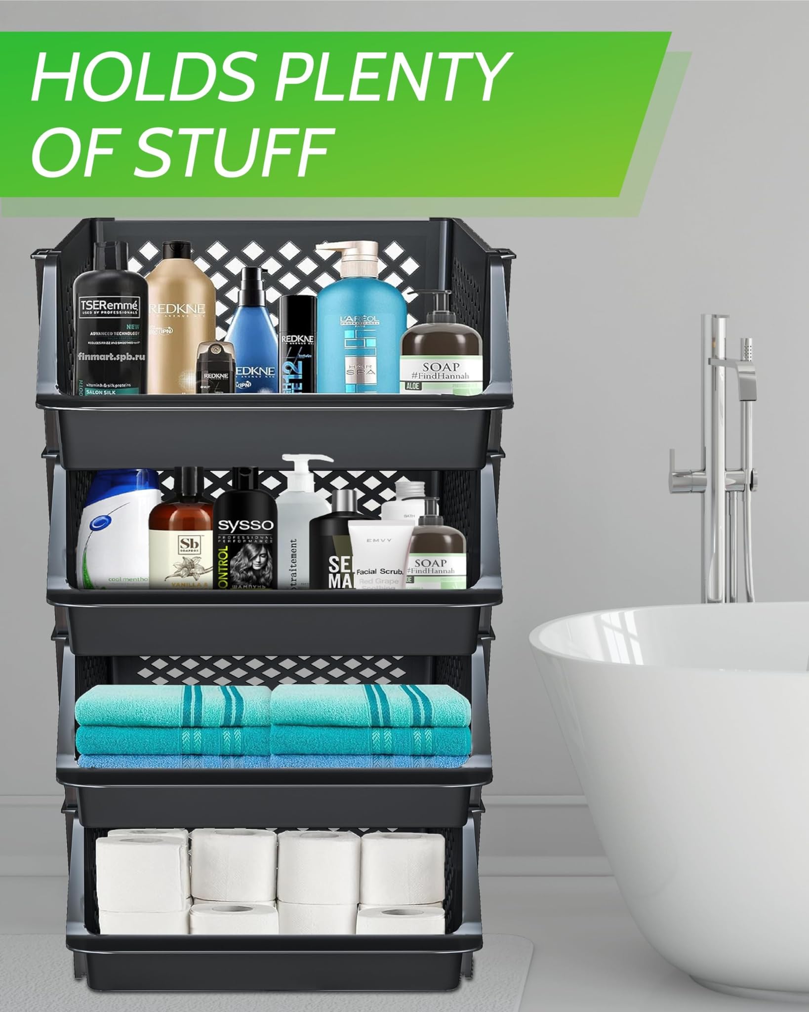 Skywin Contenedores apilables grandes de plástico para despensa, paquete de 4 contenedores apilables para organizar alimentos, cocina y artículos esenciales de baño (negro), SW-2310-T1708SBRBL4