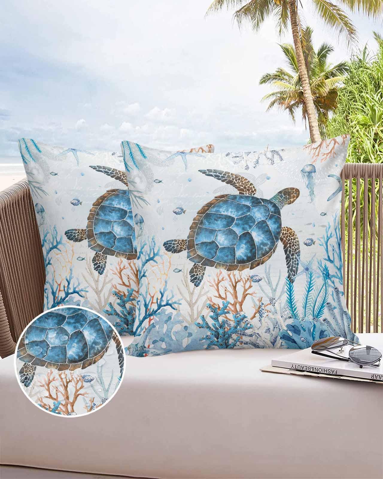 Boanket Outdoor Pillow Covers 20 x 20 in, Blue Sea Turtle Waterproof Throw Pillow Cover Set of 2, Coastal Nautical Coral Summer Seaside Home Decorative Square Cushion Covers for Patio/Couch/Garden
