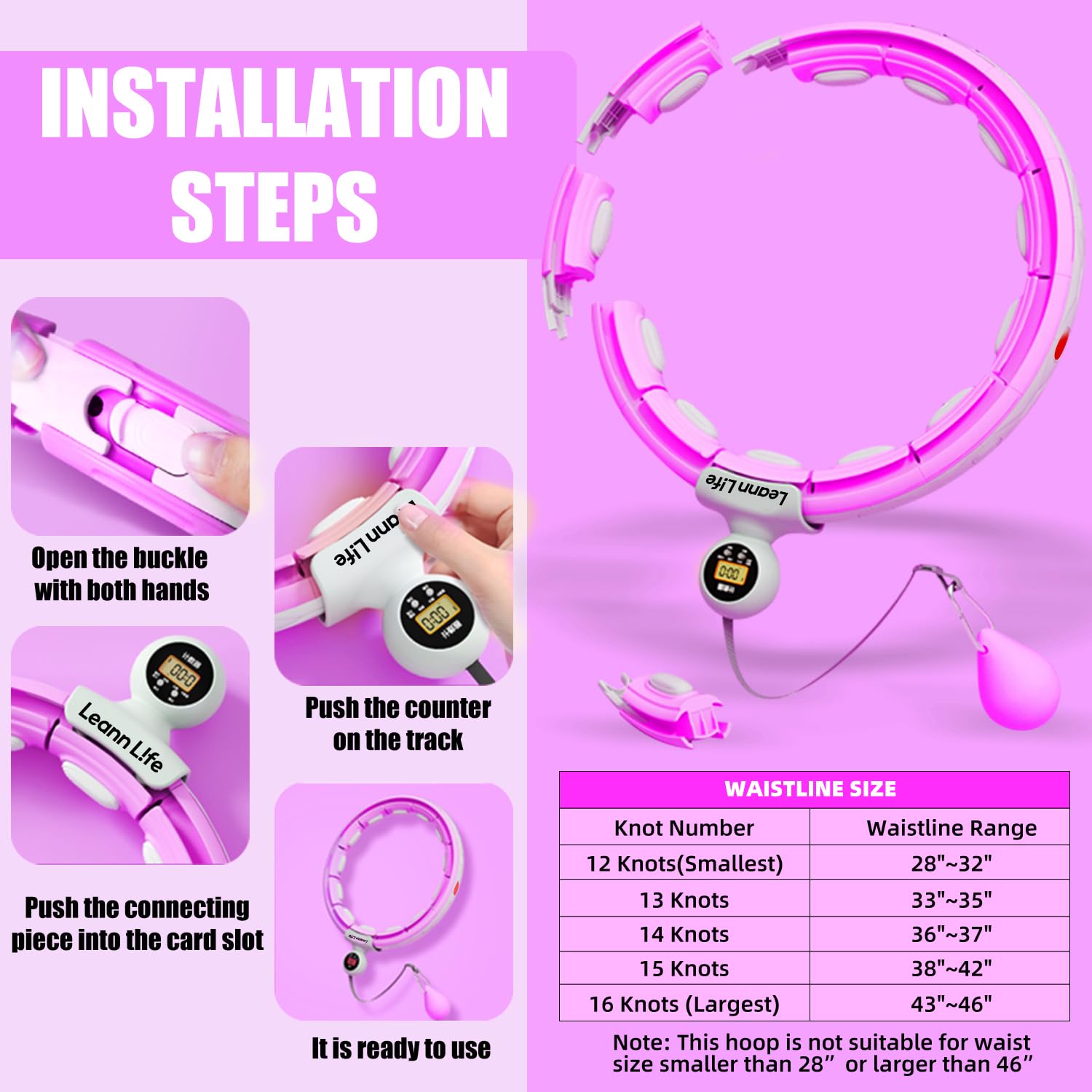 U5 Smart Hula Hoop ponderato con contatore - 16 nodi, 71,1 cm - 116,8 cm regolabile Infinity Hoop Plus Size, ruote gommate silenziose, allenamento addominale, fitness a casa e all'aperto