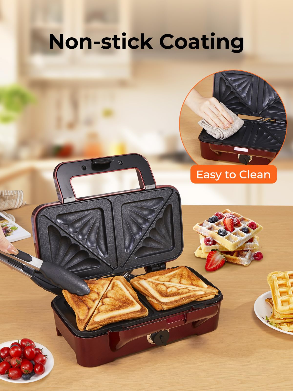 HOUSNAT Gaufrier 3 in 1, Appareil à Croque Monsieur avec Contrôle de Température à 5 Vitesses, Pour Gaufres Belges, Revêtement Antiadhésif, Parfait pour le Petit Déjeuner, Rouge
