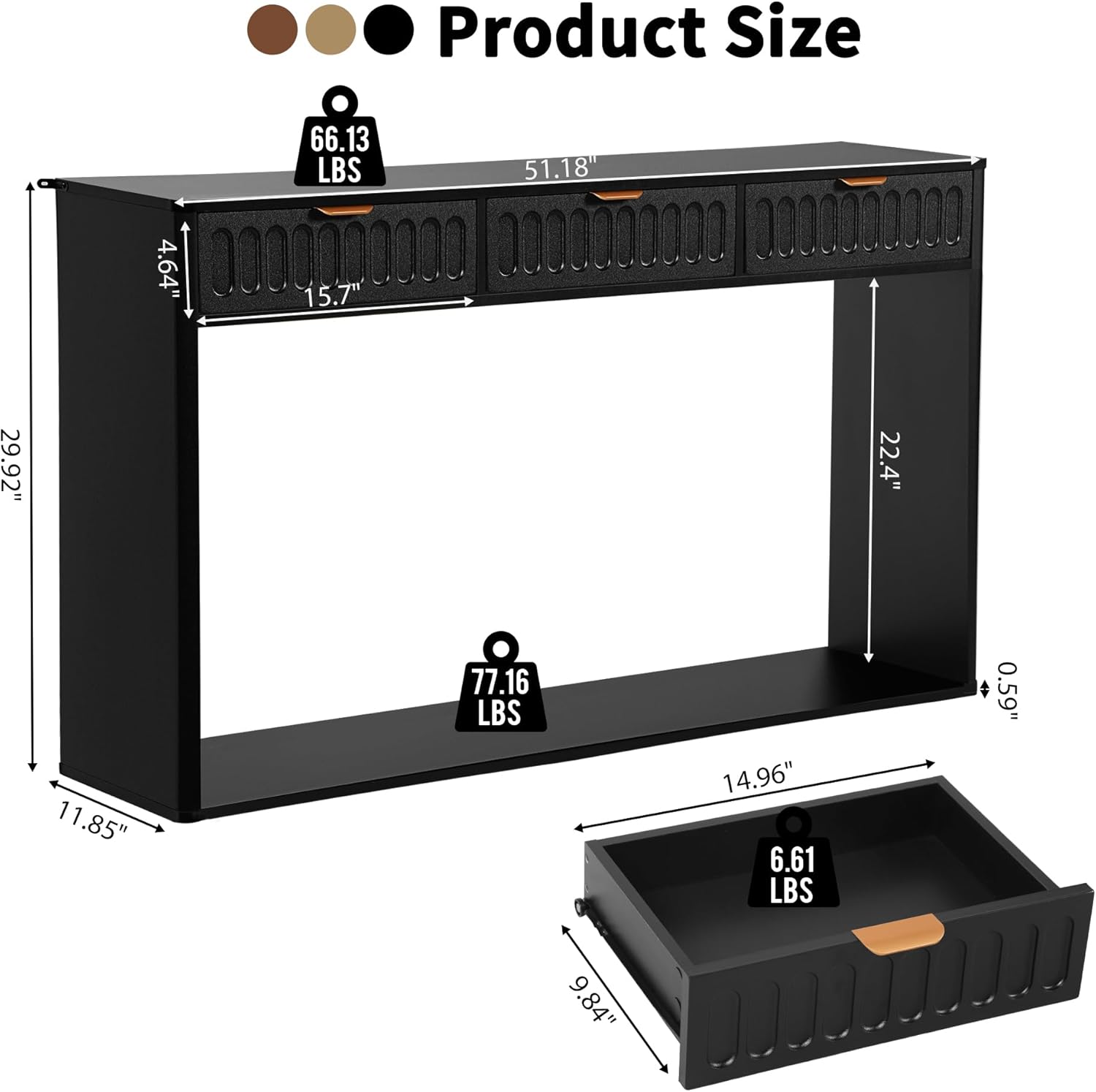 Entryway Table with Storage, Narrow Console Table with 3 Drawers, 51.18' Couch Table Behind Sofa Long for Living Room TV/Hallway Entrance Foyer, Mid Century Modern Black Sofa Table