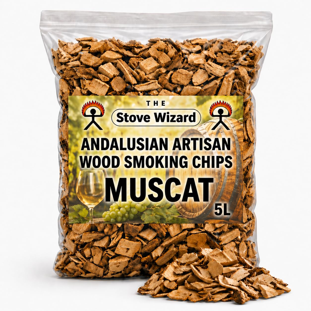 Muscat Wine Barrel Wood BBQ Smoker Smoking Chips 5 Litre Andalusian Artisan Premium Quality Natural Eco Friendly Wood Chips for Gas & Charcoal Grill Outdoor Cooking for Authentic BBQ Flavour