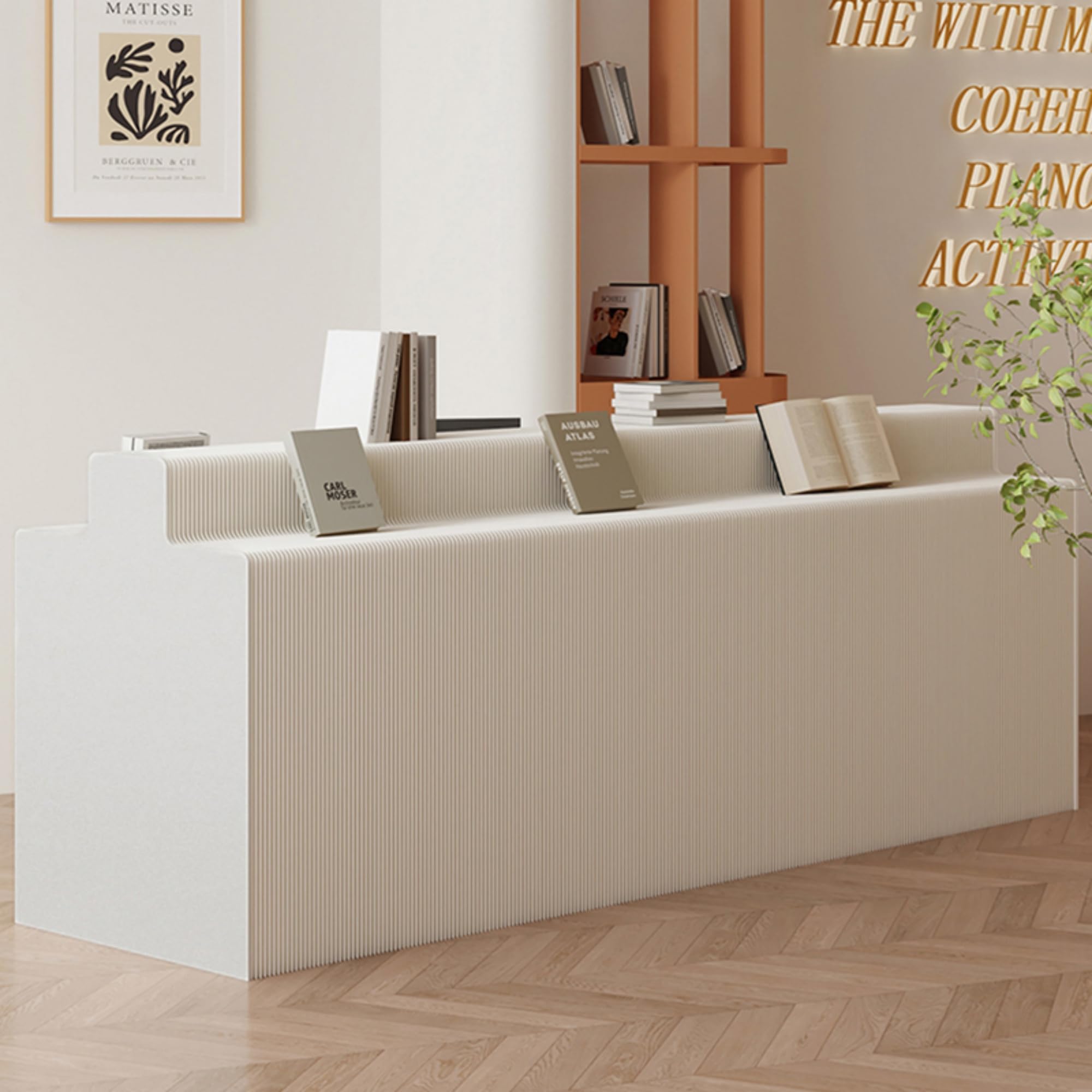 Espositore versatile ed espandibile, in carta bianca, multi-configurazione regolabile per negozi, fiere, eventi e ricevimenti (L200 cm x H98 cm)