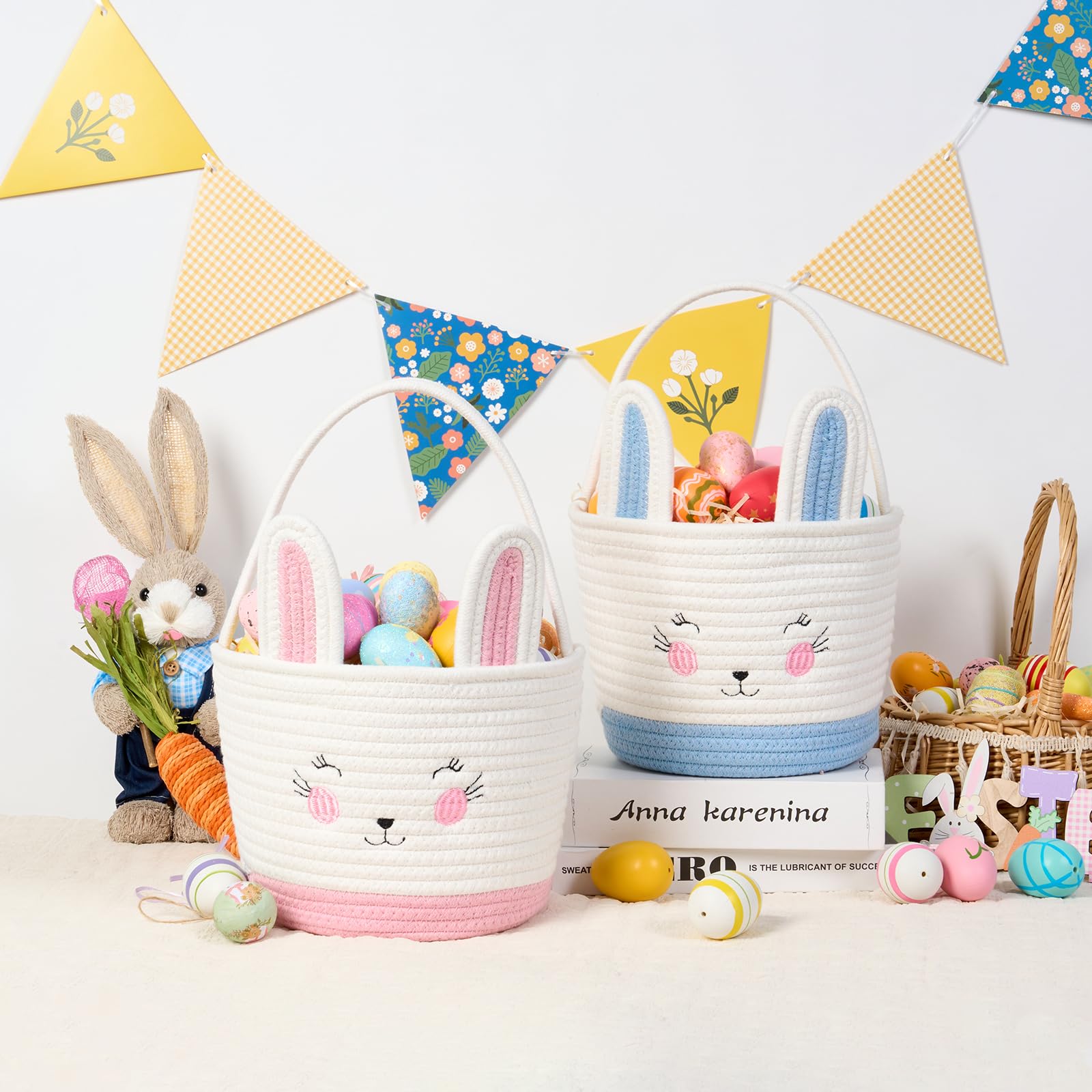 2 Pack Easter Bunny Baskets with 2 Wooden Bunny Ornaments, Egg Hunt Baskets, Easter Gift Baskets for Egg Hunting, Candy, Easter Decorations (pink+blue) - 3