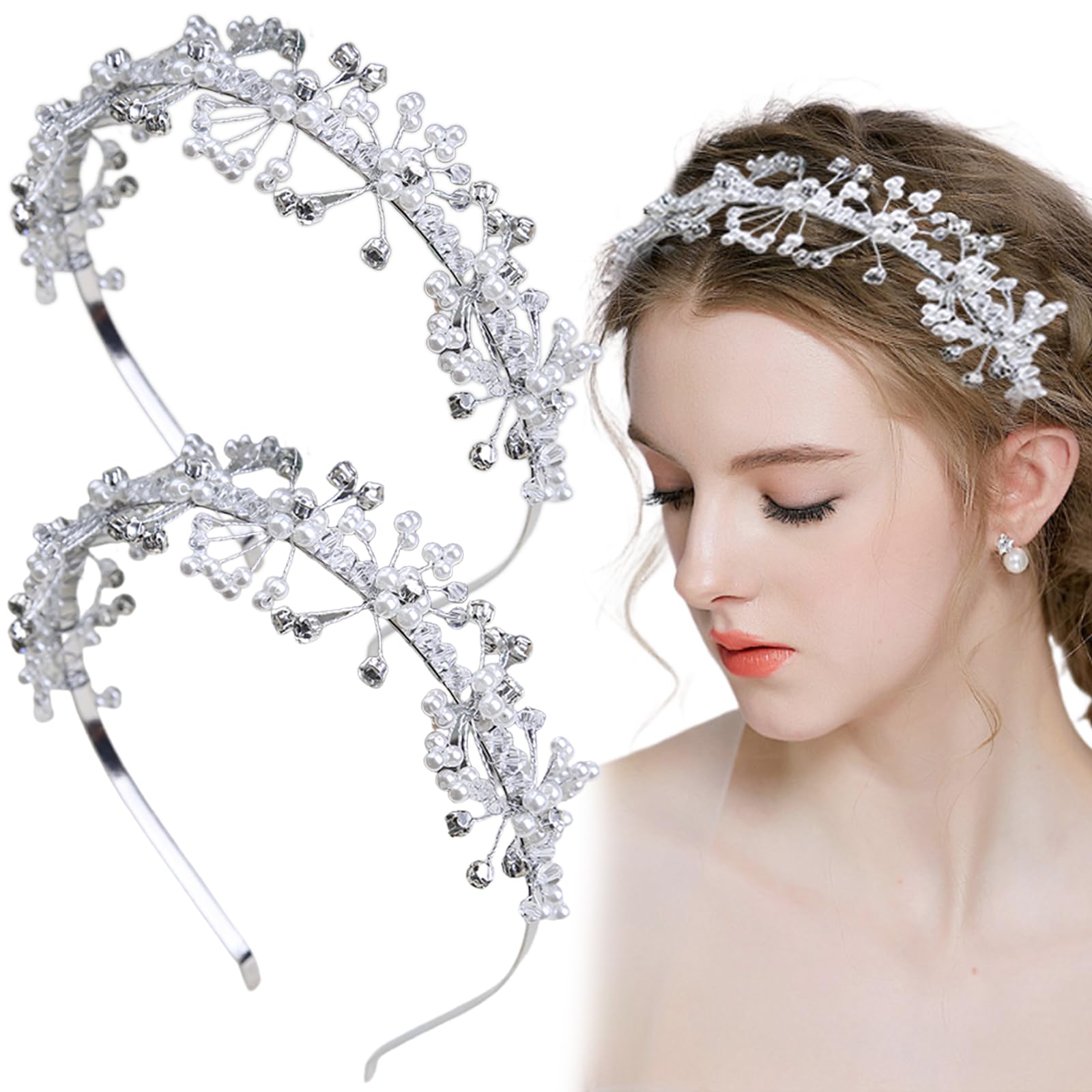 Muiltvoe 2 PCS Bridal Headbands Princess Headpiece with Crystal Rhinestones Floral Hair Accessories Pearl Headband Crystal Pearl Tiara Rhinestones Wedding Hair Accessories for Girls and Women