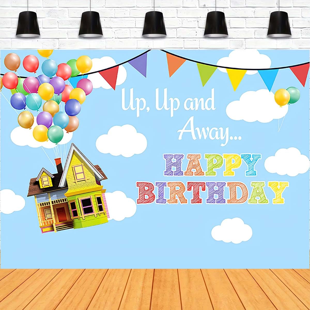 Up Up and Away Happy Birthday Backdrop UP Birthday Party Photo Studio Backdrop Boys Adventure Begins Background Blue Sky and White Clouds Balloons