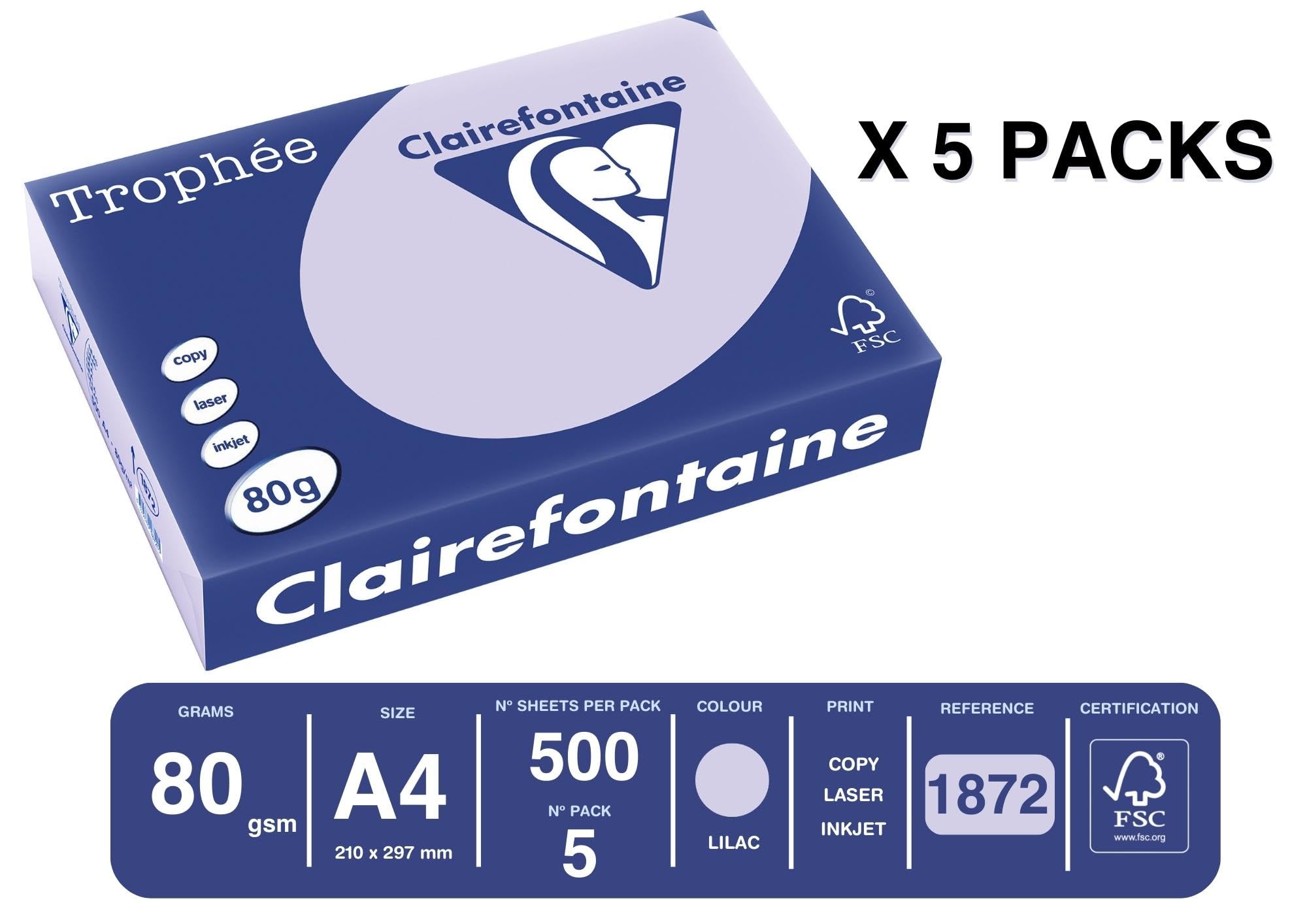 Clairefontaine Papier Couleur A4 80 g/m² Trophée 2500 feuilles Carton 5 ramettes Lilas