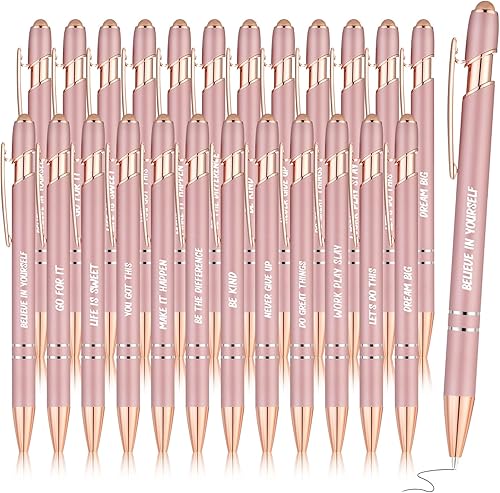 Yeaqee 24 Bolígrafos Inspiracionales Motivacionales de Tinta Negra Retráctiles con Citas y Punta Stylus, Mensaje Alentador para Mujeres y Hombres,