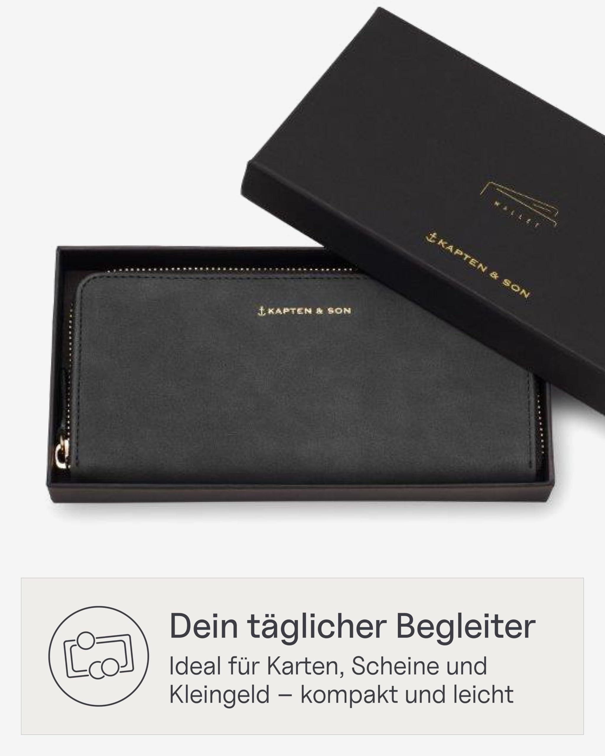 Kapten & Son Geldbörse Damen | Louvre Wallet Black | Damen Portemonnaie groß | Portemonnaie Schwarz | Brieftasche mit Kleingeldfach & 14 Kartenfächer | 10 x 21 x 2,5cm