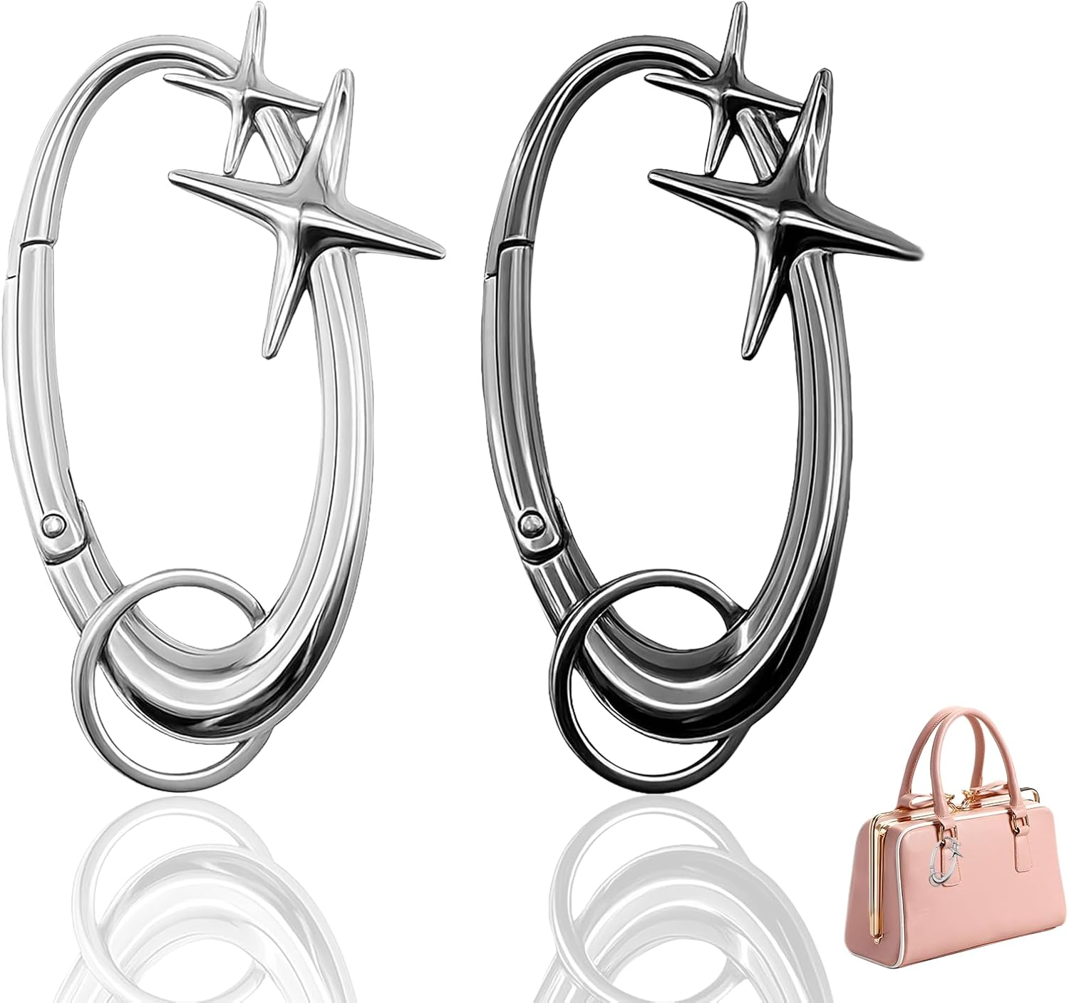 2-Pack y2k Cute Star Carabiner Keychain, Cool Belt Loop Clip for Keys, Car Keys, Bags and Outdoor Gear (Black and Silver)