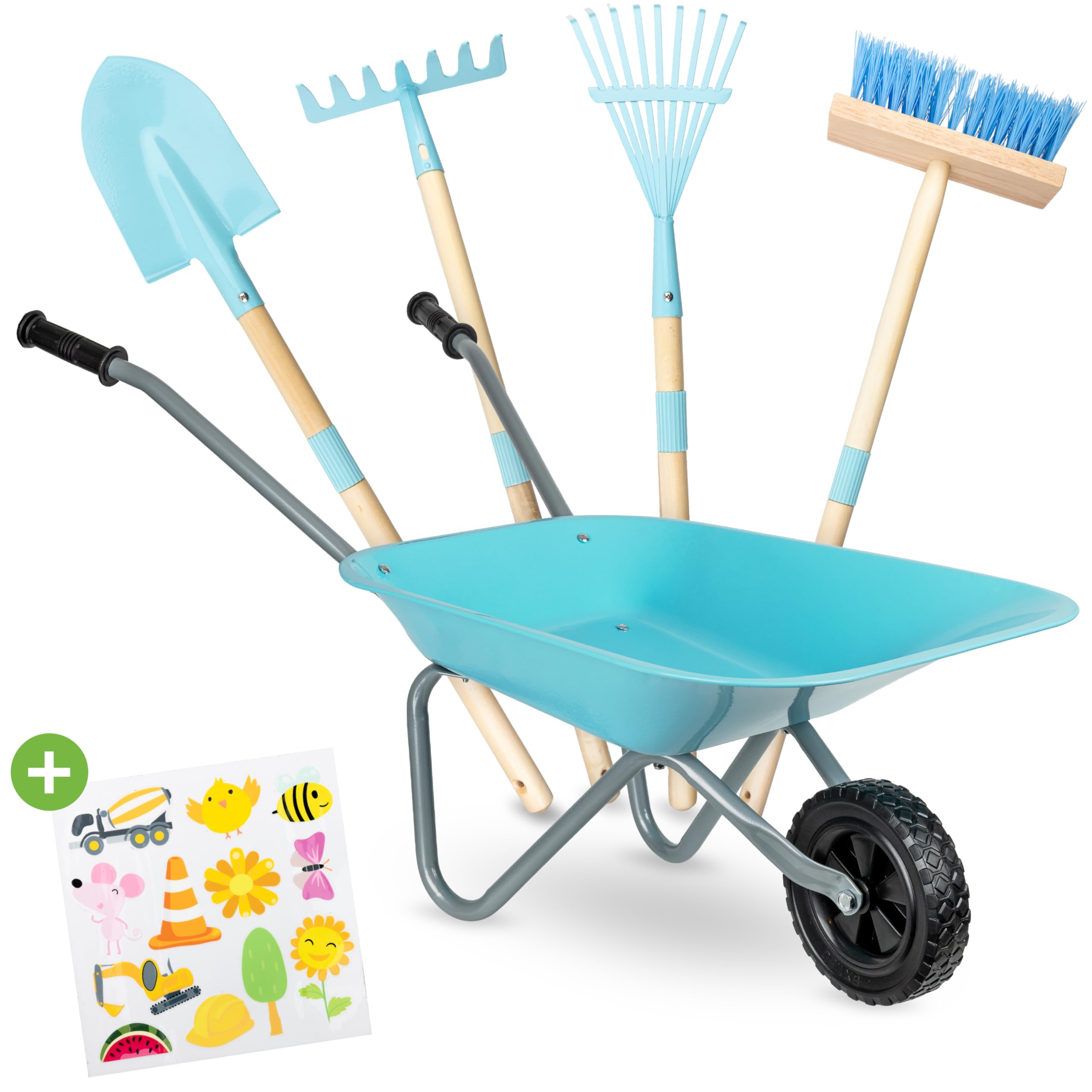 PHIBER-SPORTS Carretilla infantil + herramienta de jardín metálica para niños: pala, escoba, rastrillo y rastrillo de hojas + pegatinas