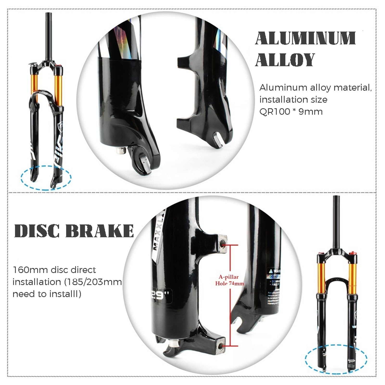 Horquilla de Suspensión Neumática for MTB de 26/27,5/29 Pulgadas, Aleación de Magnesio Tubo de Dirección Recto de 1-1/8" Recorrido de 120MM
