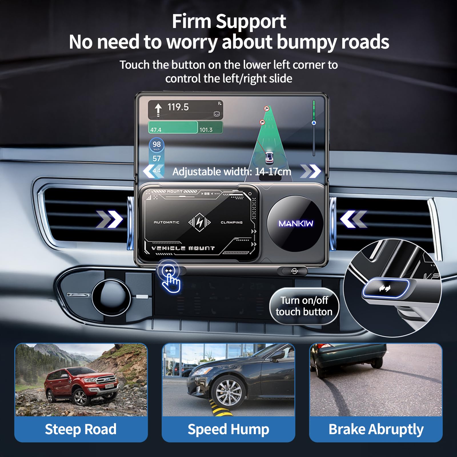 MANKIW Cargador Inalámbrico Coche, Soporte Móvil Carga Rápida,Rotación de 90° Soporte Movil Coche Compatible para iPhone 17 Pro Max/16/15/14/13, Galaxy S24 Ultra/S23