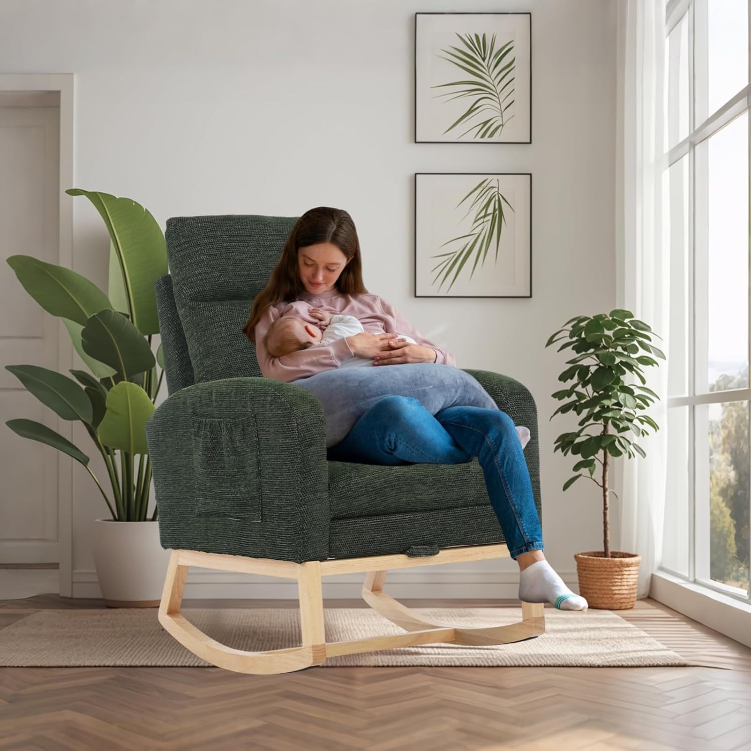 Nursery Rocking Chair with Adjustable Footrest for Living Room - Teddy Fabric, Solid Wooden Legs, Comfortable Lounge Armchair with High Backrest and Side Pockets (Contemporary, Dark Green-1 line)