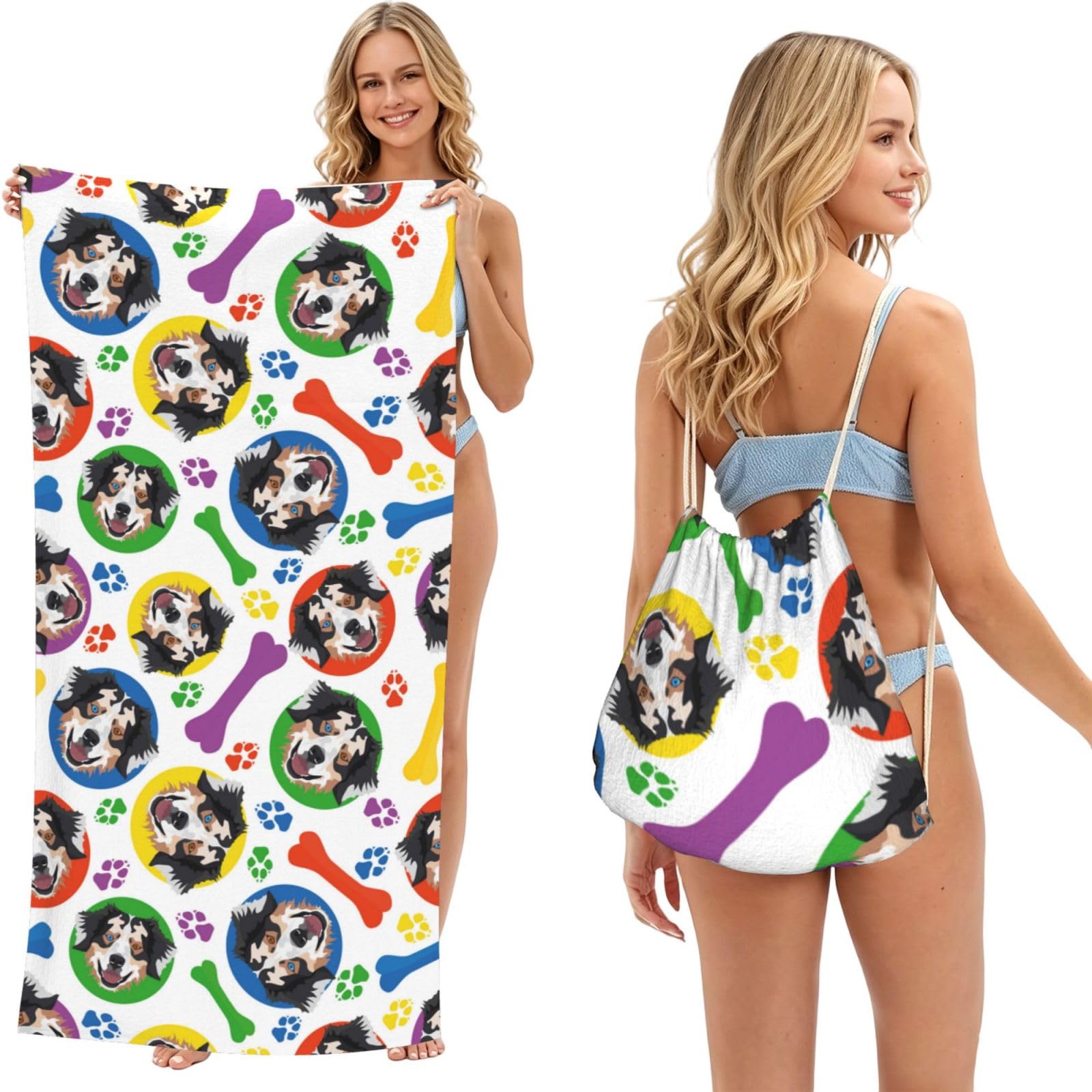 Poadnly As Picture Colorful And Playful Australian Shepherd, 2 In 1 Packable Towel Bag, Beach Towels With Drawstring Backpack For Travel Holiday Camping
