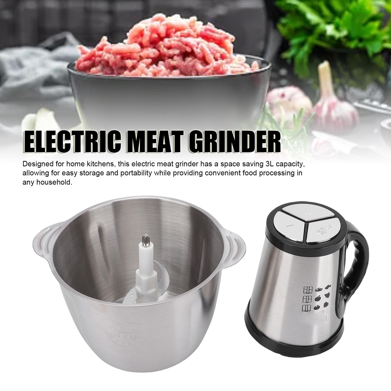 Fockety Procesador de Alimentos, Picadora de Alimentos Eléctrica de Acero Inoxidable de 3 L, Picadora de Carne Robusta, Compacta y Multifuncional con Potente Motor de 300 W (Enchufe europeo 220V)