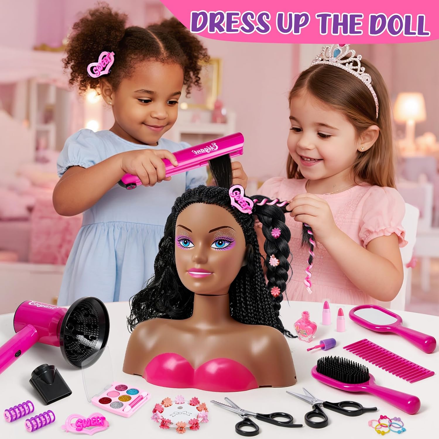 Hair Styling Doll Head Makeup Kit for Girls Toys, 35PCS Kids Hair Salon Pretend Playset with Hairdryer Straightener Headwears & Real Makeup Nail Polish, Birthday Gifts for Girls 3 4 5 6 7 8+ image 3 of 8 B0FCLRT1J8