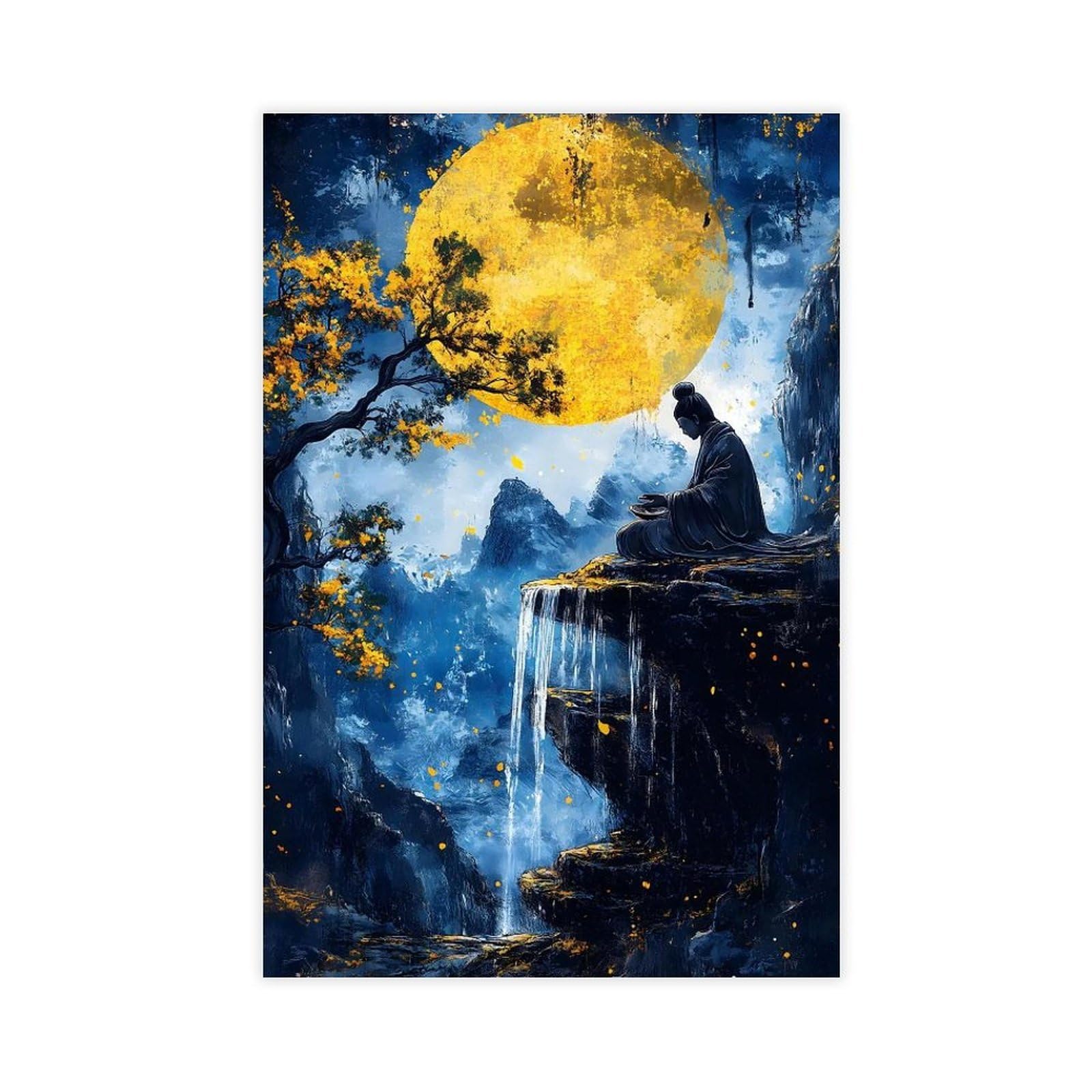Qnvjqkdsi Unframe Meditative Zen Buddha, Mystical Waterfall Landscape Art Canvas Poster Bedroom Decor Landscape Office Room Decor Gift 20" L X 30" W