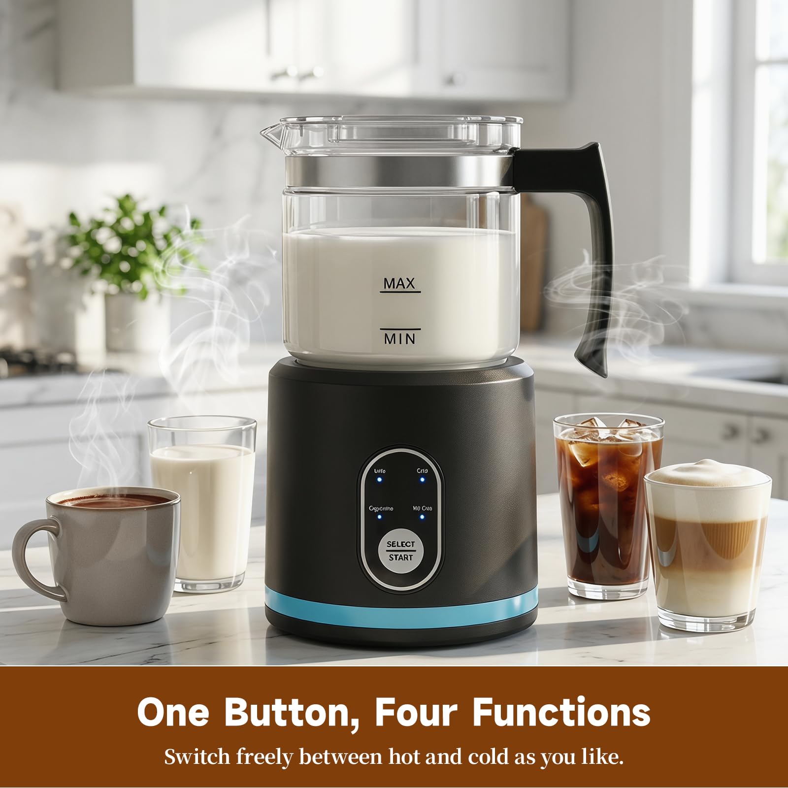 Espumador de Leche Eléctrico, Calentador de Leche 4 en 1 para Espuma Caliente y Fría, Silencio Apagado Automático Espumador Leche Electrico para Latte, Cappuccino, Chocolate Caliente