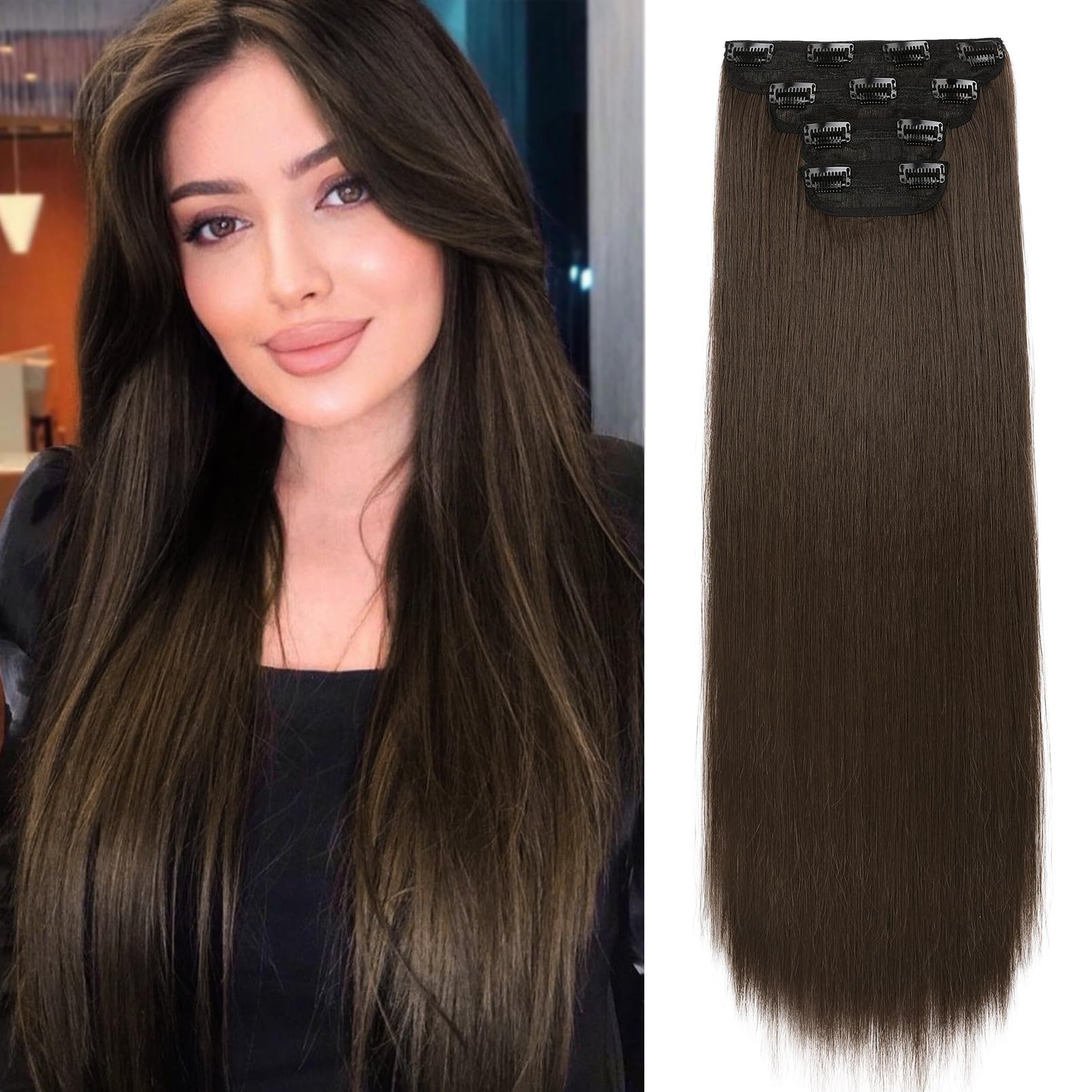 REECHO 28" Straight Long 4 PCS Set Thick Clip in on Hair Extensions -Chocolate Brown