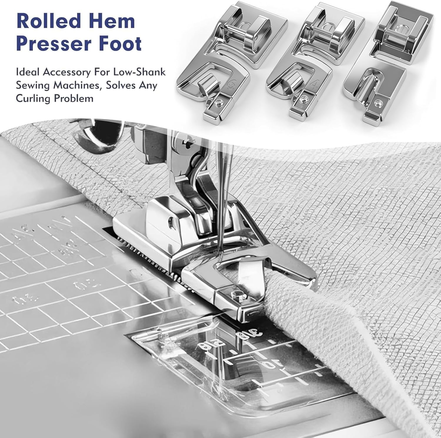 3 Size 6Pcs Rolled Hem Presser Foot Set (3mm,4mm,6mm) - Universal Low Shank Snap-On for Singer, Brother, Janome, Babylock - Sewing Machine Supplies Rolled Hemmer Foot,Multifunctional Home Accessories
