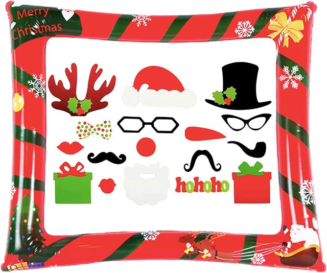 Christmas Inflatable Photo Booth with 17Pcs Photo Booth Props Selfie Picture Frame for Christmas Family Party,Christmas Party Game Accessories Supply,Giant Props Frame Celebration Blow Up Party Prop