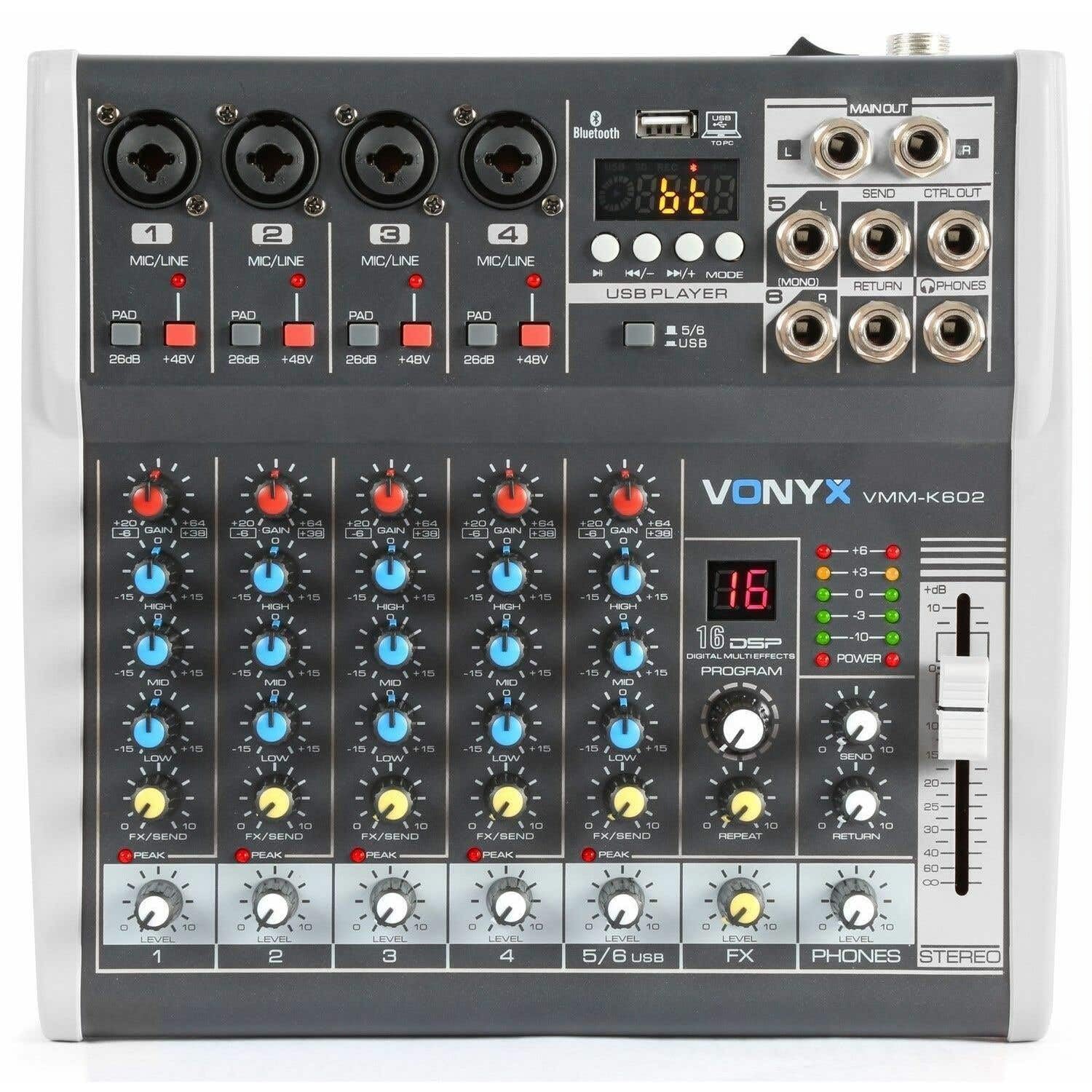 Vonyx VMM-K602 - Music Mixer 6 Canali, Bluetooth, USB-Audio-Interface, LED VU Meter e Peak LED, Uscita cuffie, 4 x ingressi Mono Microfono/Line (Combo XLR/jack da 6,3 mm)