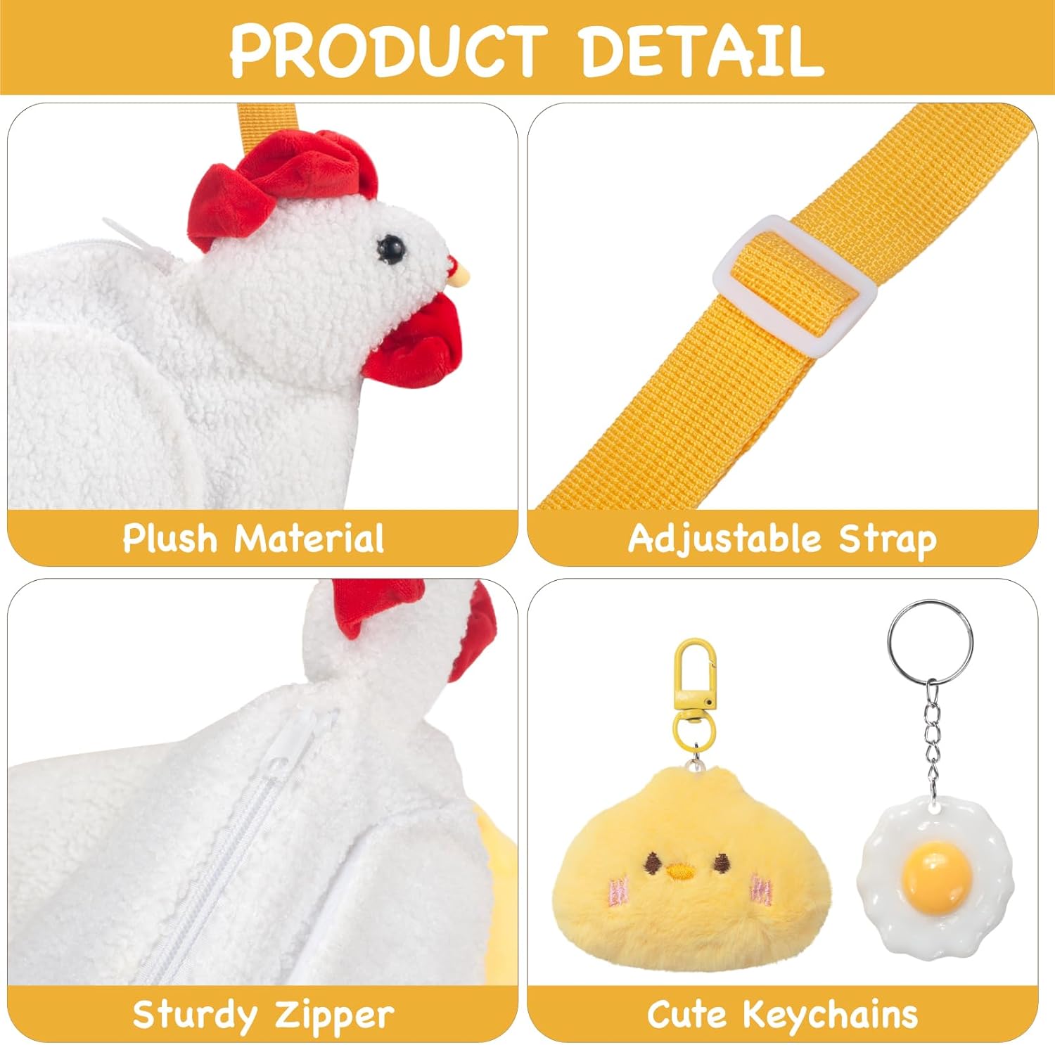 Chicken Purse - Cute Purse for Women - Chicken Plush Bag Kids Crossbody Bag - 2 Cute Keychains