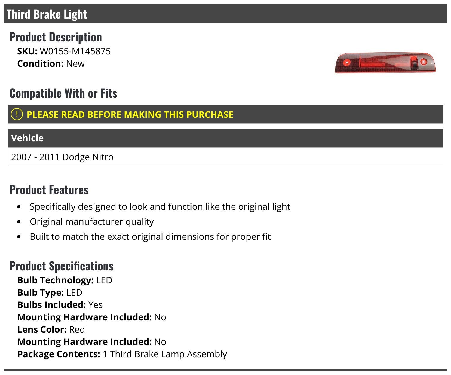 Marketplace Auto Parts 3rd Third Brake Light Stop Lamp Lens - Compatible with 2007-2011 Dodge Nitro