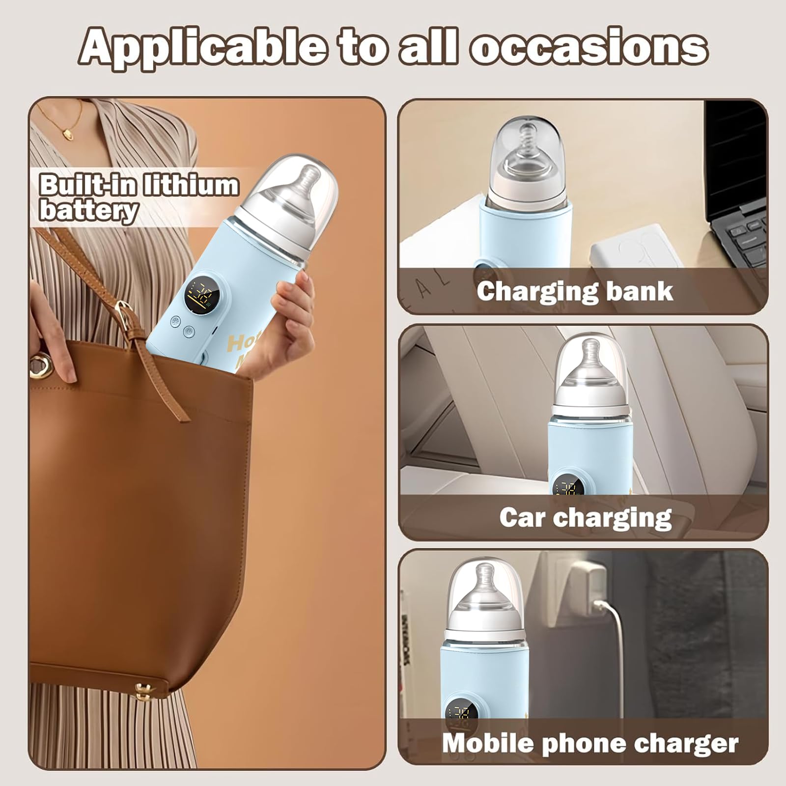 Scaldabiberon per Bambini, Scaldabiberon Portatile, Per Viaggi con Display LCD Ricarica USB Scaldabiberon 6 Temperature Regolabili 38-50℃ Scaldabiberon per Latte Materno Borsa per Viaggi e Casa (Blu)