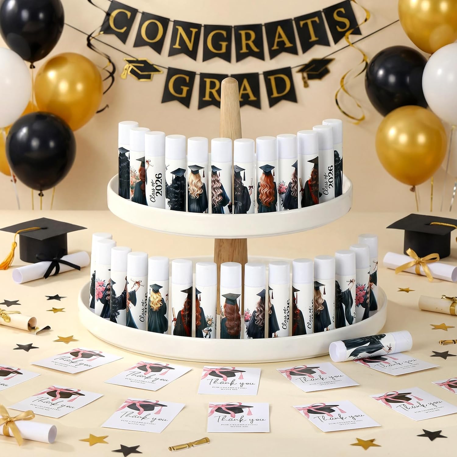 36 Set Graduation Party Favor Class of 2026 Lip Balm Thank You Card Organza Bag Bulk for Guest Her Teacher Classmates Family College High School Senior Grad Commencement Gift Keepsake Souvenir