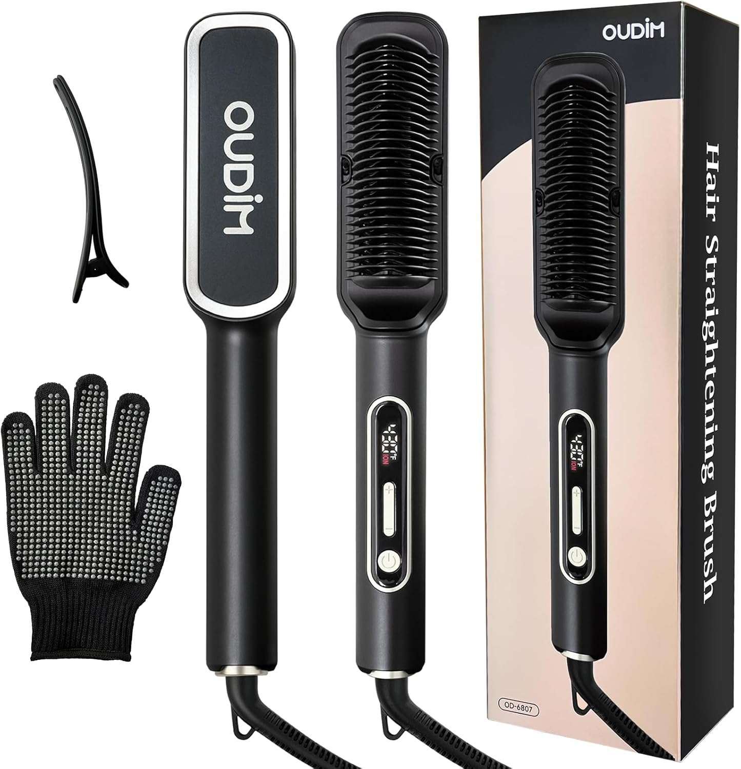 OUDIM Hair Straightening Brush, Digital Temperature Control, Heat Protective Glove, Black