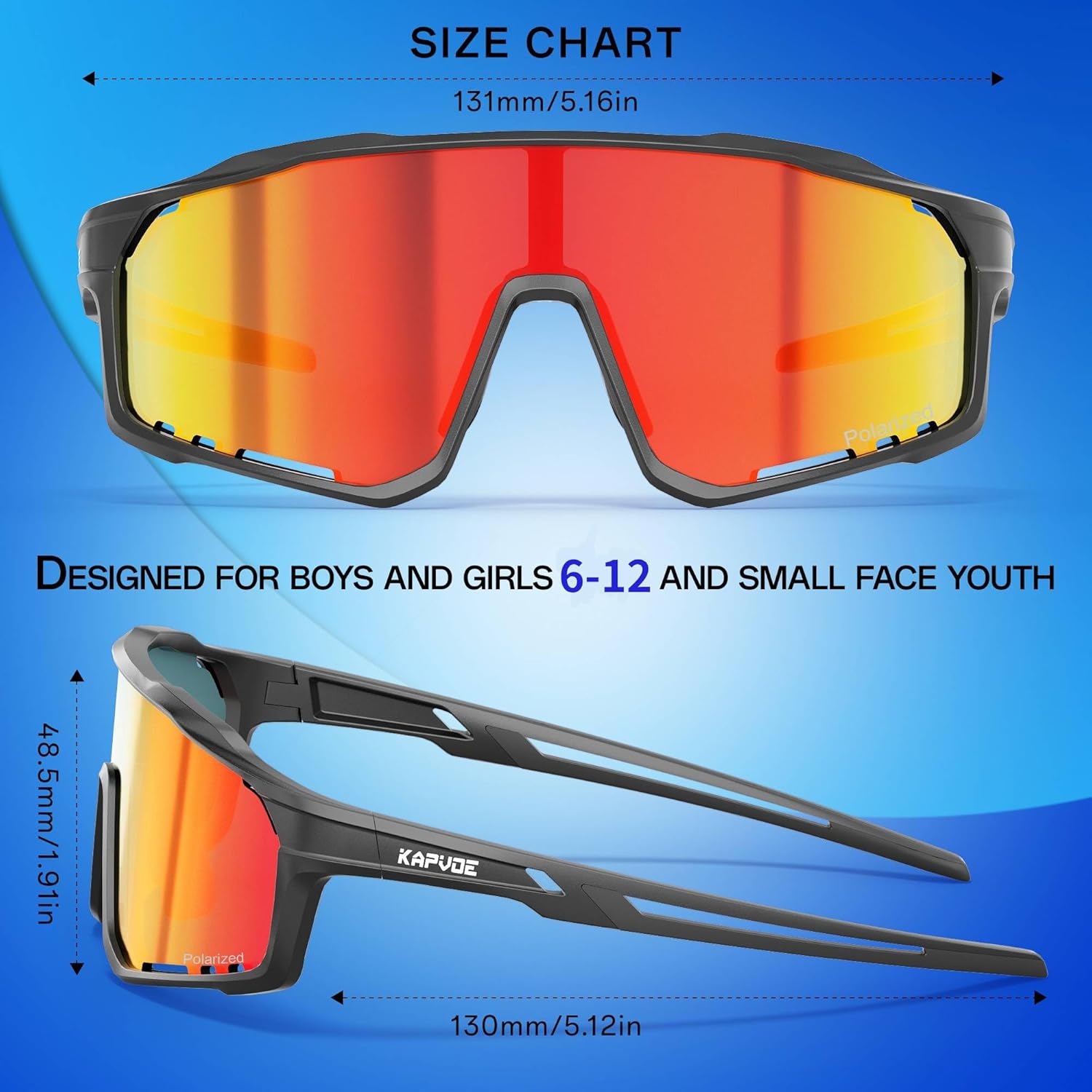 KAPVOE Youth Sports Sunglasses Polarized Kids Glasses for Baseball Softball Cycling Running Boys Girls Age 6-12 K9033 - Image 5