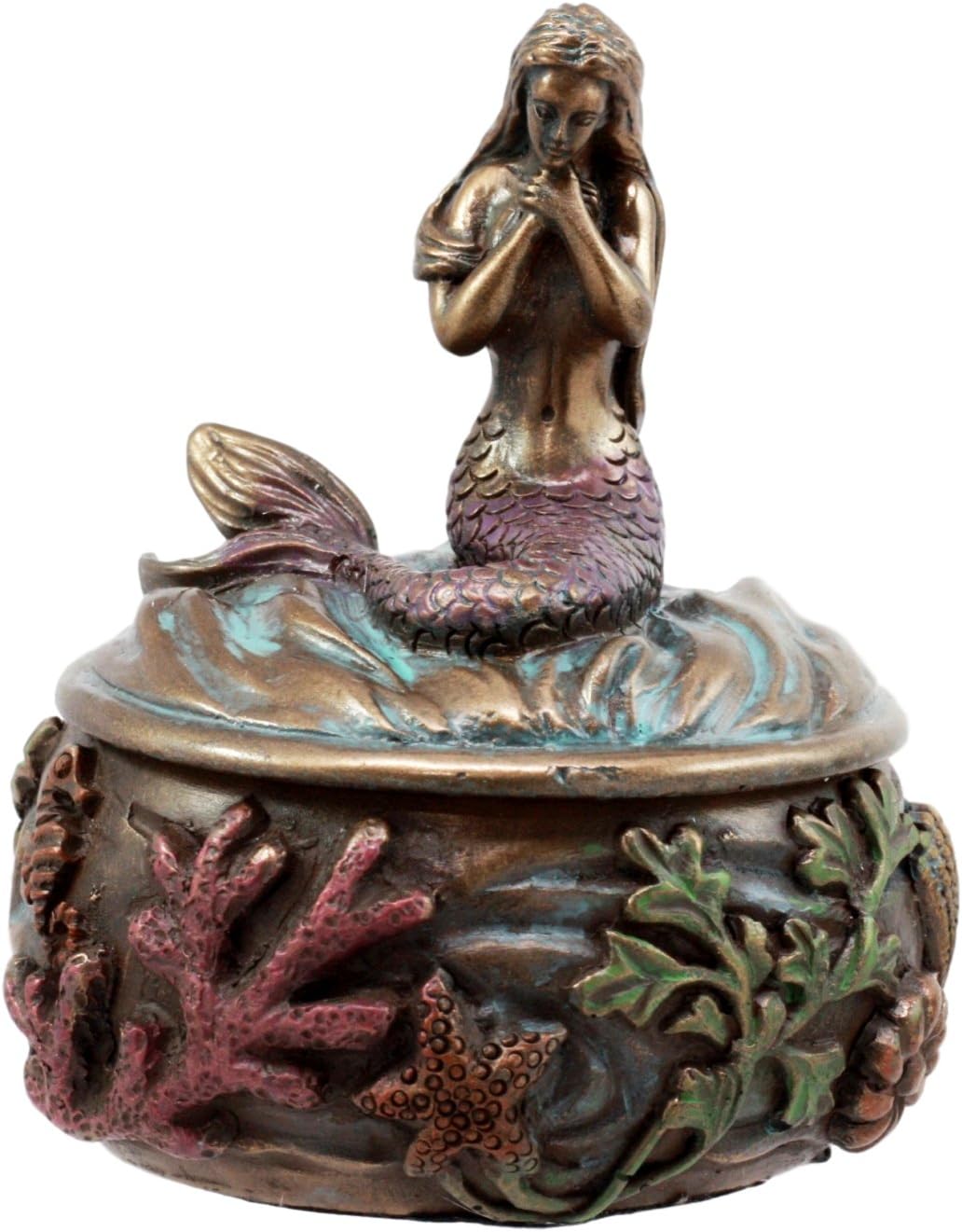 Ebros Beautiful Mermaid Tefiti Praying Round Jewelry Box Figurine 3.25"H Small Nautical Starfish Coral Decorative Trinket Keepsake