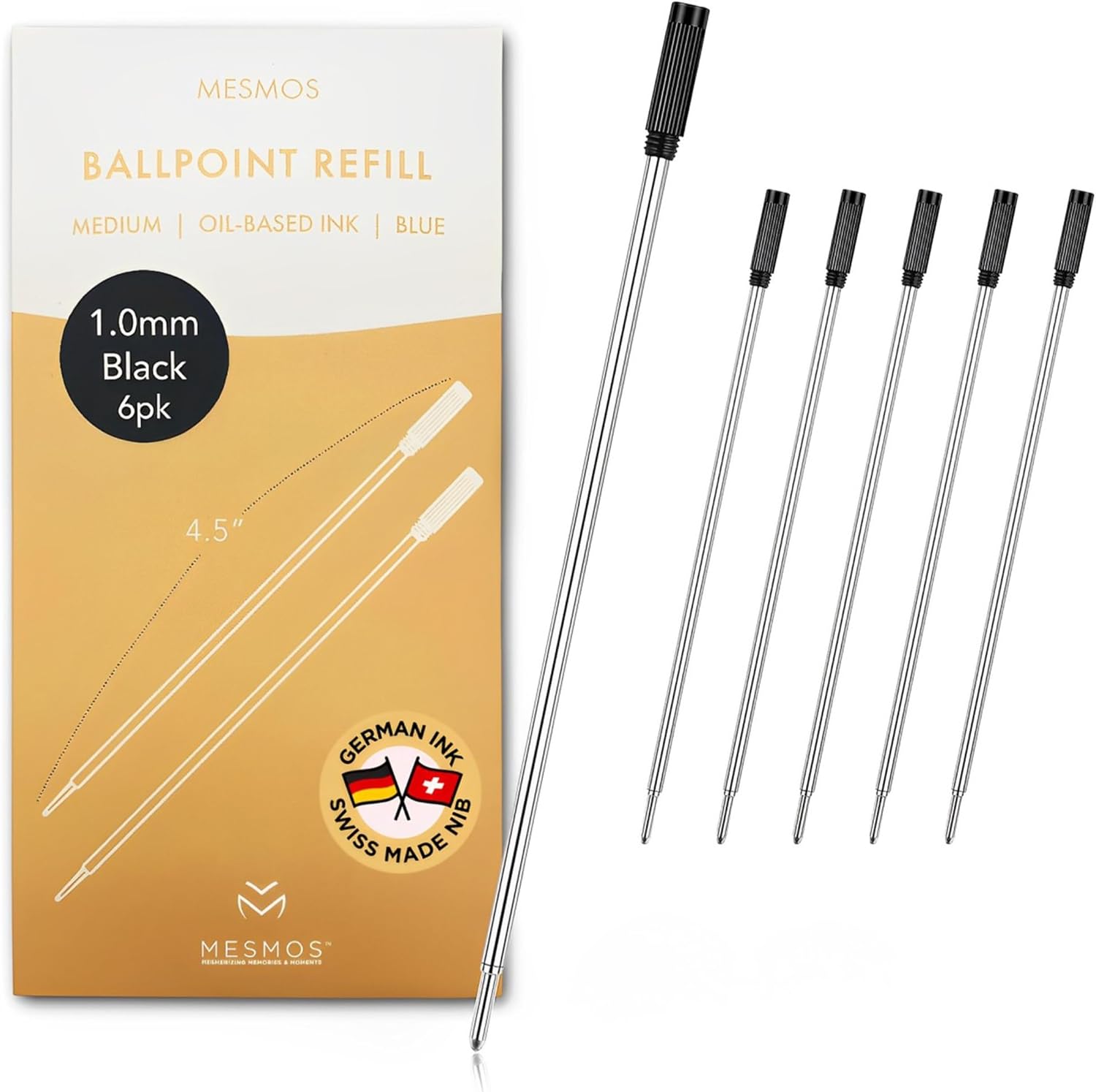 MESMOS 6 Pack Cross Compatible Pen Refills Ballpoint Black Ink, 1mm Medium Point, German-Made Ink and Swiss-Made Nib, Pen Replacement Refills, 4.5 inch (116mm) (Black Ink)