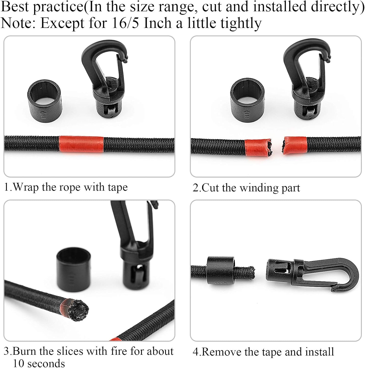 ZHOUBIN Shock Cord End Snap Hooks for 1/4 inch to 5/16 inch, Black Plastic Bungee Cord Terminal Hooks, 16 Pcs