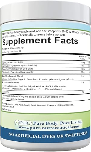 Miniatura 7 de PURE Amino+ - Mezcla de bebidas, salpicaduras de frutas, 9 aminoácidos esenciales, L-arginina, L-citrulina, 17.67 oz, 30 porciones, suplemento de