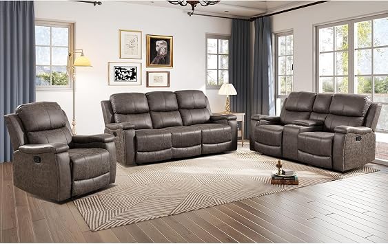 Faux Leather Manual Reclining Sofa Furniture Set, Manual Recliner Chair, Manual Loveseat and 3 Seat Recliner Sofa Couch Set for Living Room,Grey