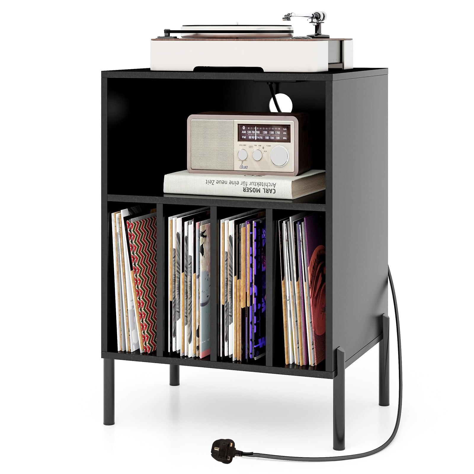 COSTWAY Record Player Stand with Charging Station, Turntable Stand End Side Table with 5 Shelves for 150 Albums, Metal Legs Vinyl Record Storage Cabinet Holder for Living Room Bedroom (Black)