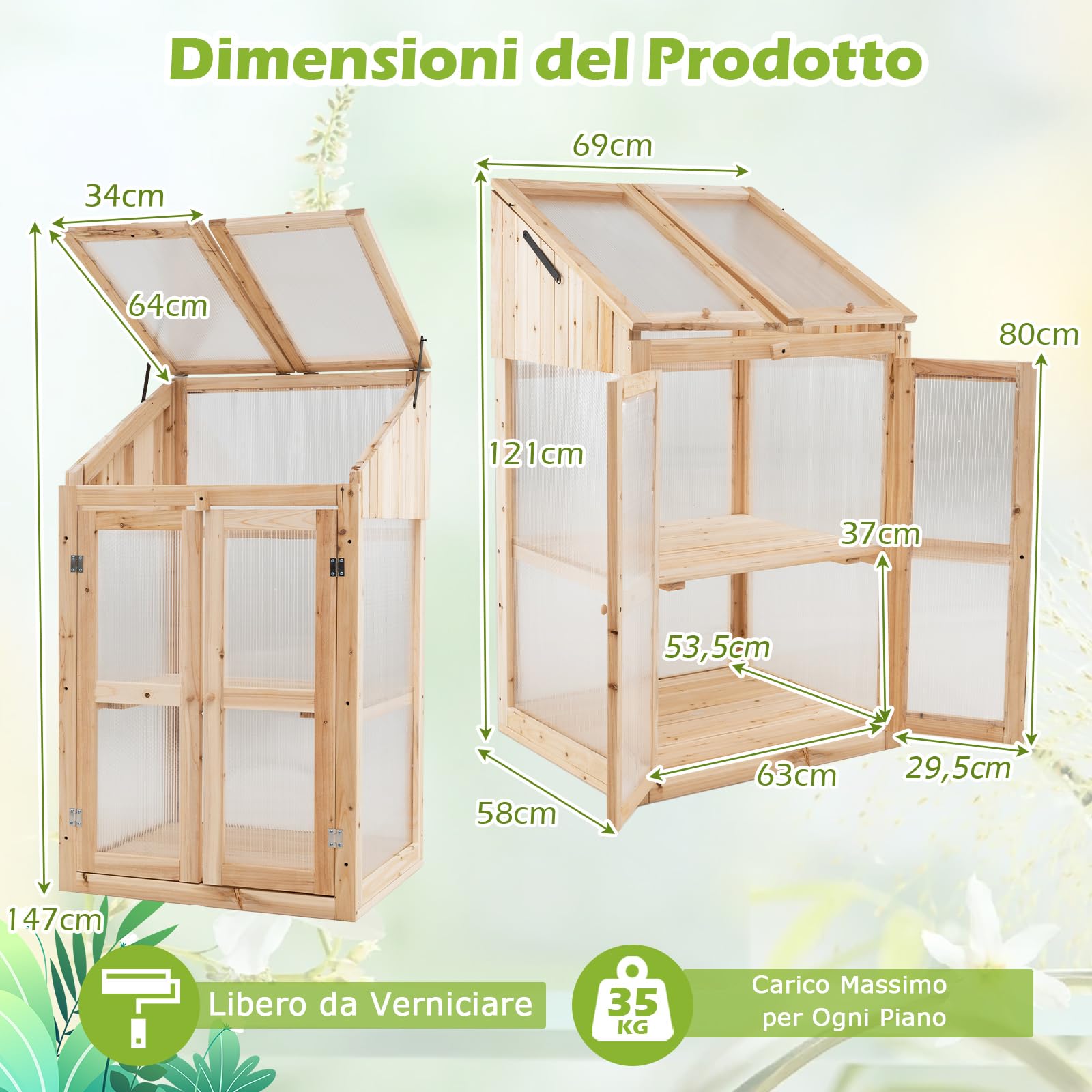 COSTWAY Serra da Balcone, Serra in Legno con Ripiano Fiori Rialzato, Tetto Trasparente Apribile, Porta Bloccabile e Ripiani Rimovibili, per Giardino e Cortile, 69 x 58 x 121 cm