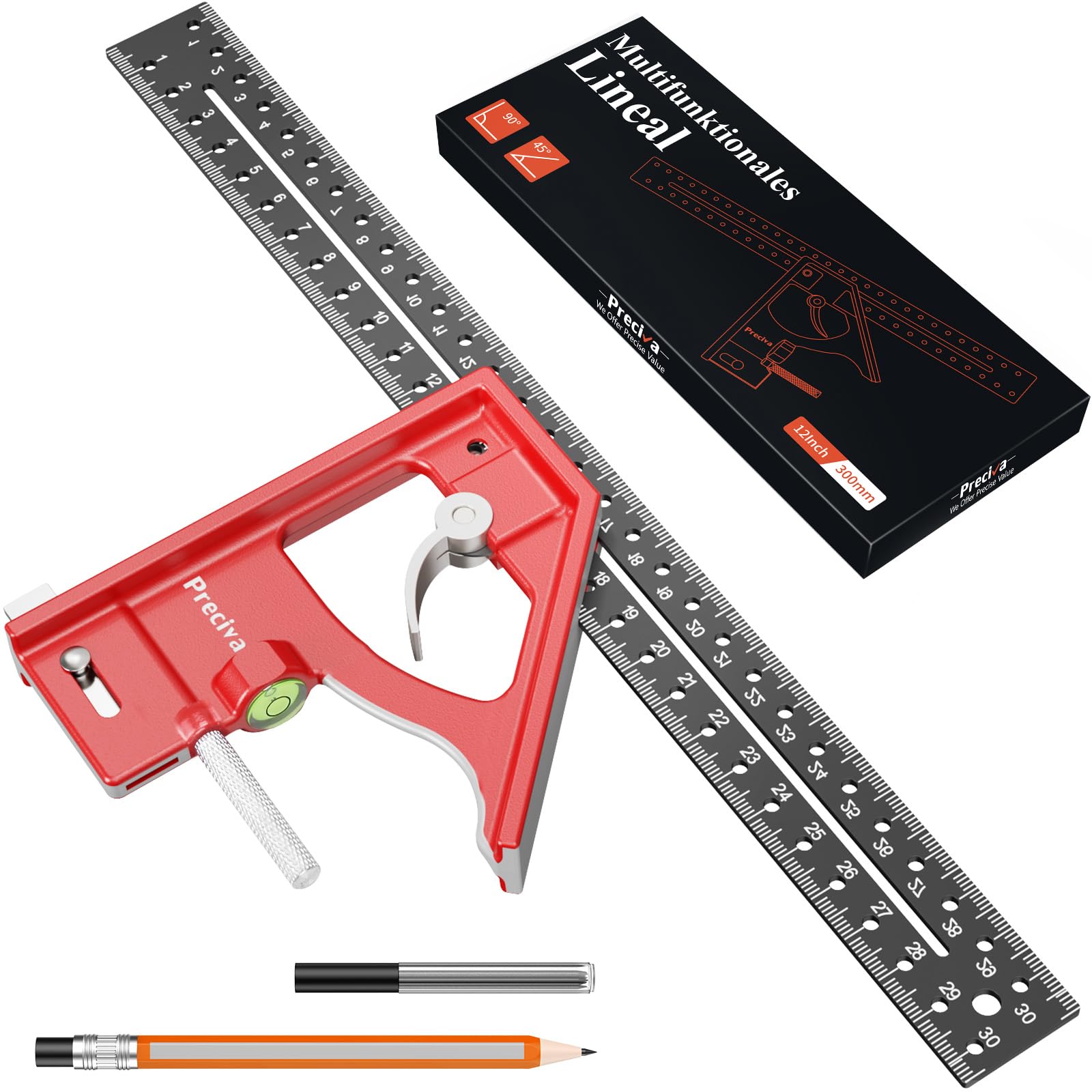 Preciva Red Combination Square With Pencil, 12Inch/300Mm Engineers Speed Squares 45/90 Degrees With Bubble Level, Aluminum Alloy Carpentry Tools, Adjustable Woodworking Ruler For Carpenter/Woodworker