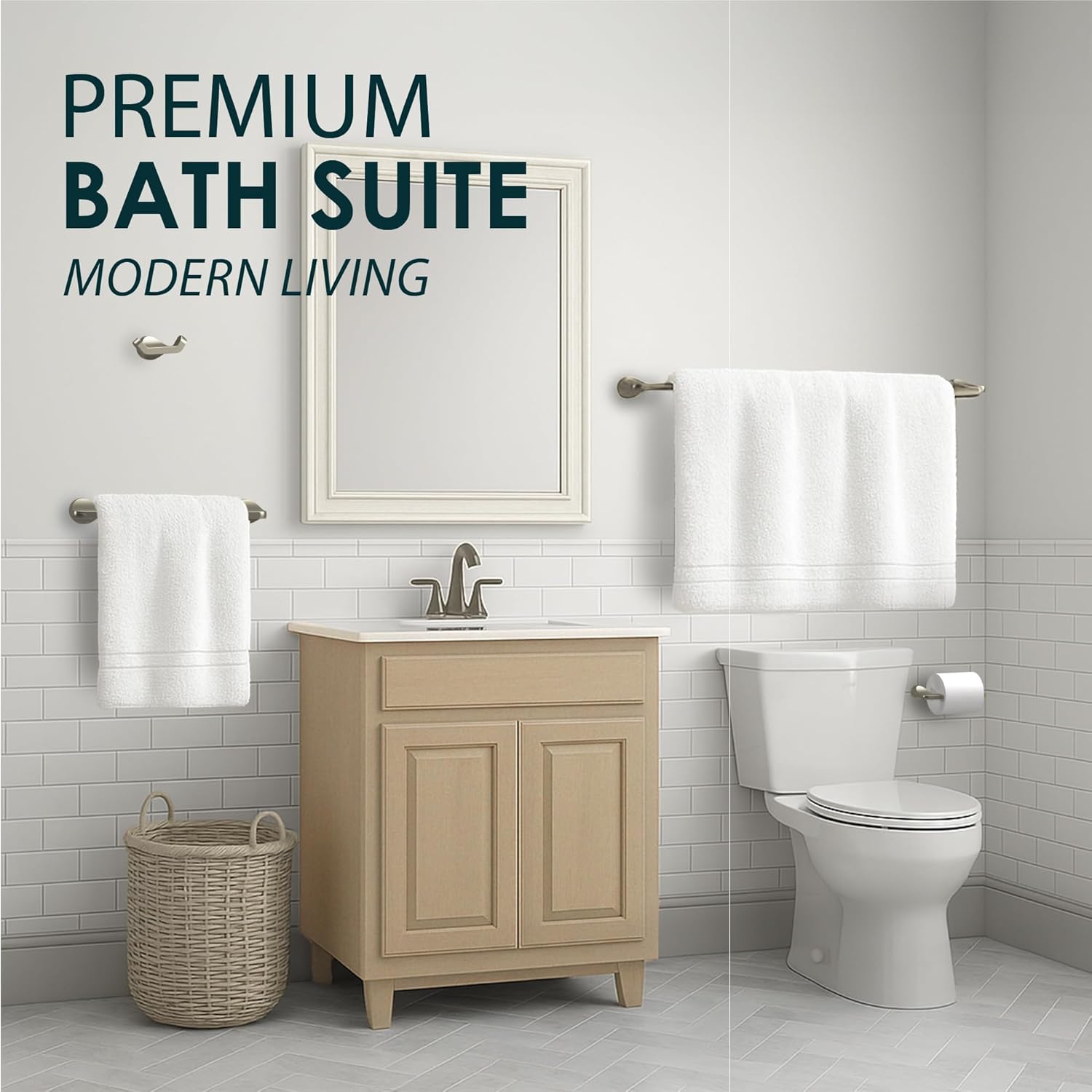 Mega Handles Bathroom Towel Holder Set - 4 Pieces Bathroom Accessories Sets - Heavy Duty Bathroom Accessory Set, 25'' Towel Bar, Robe Hooks & Toilet Paper Holder Wall Mounted - Satin Nickel Bath Suite