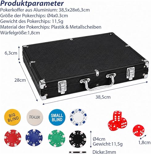 PLAYWUS Poker Case with 500 Laser Chips, 2 Poker Decks, 3 Buttons, Poker Complete Set, Black Aluminium Case, Choice of Sizes, for Family, Party, Travel, Casino - 2