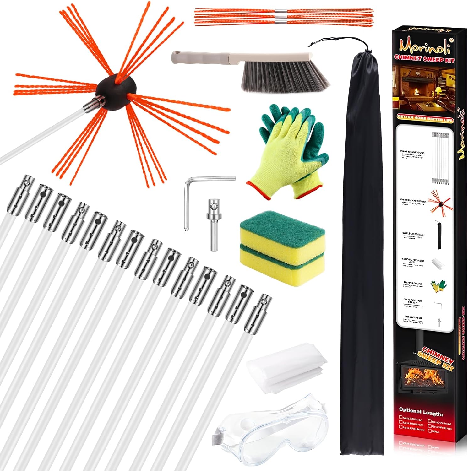 Chimney Sweep Kit - 46 Feet, Chrome Button Locking System, 14 Flexible Rods 46 Feet Chimney Sweep Kit