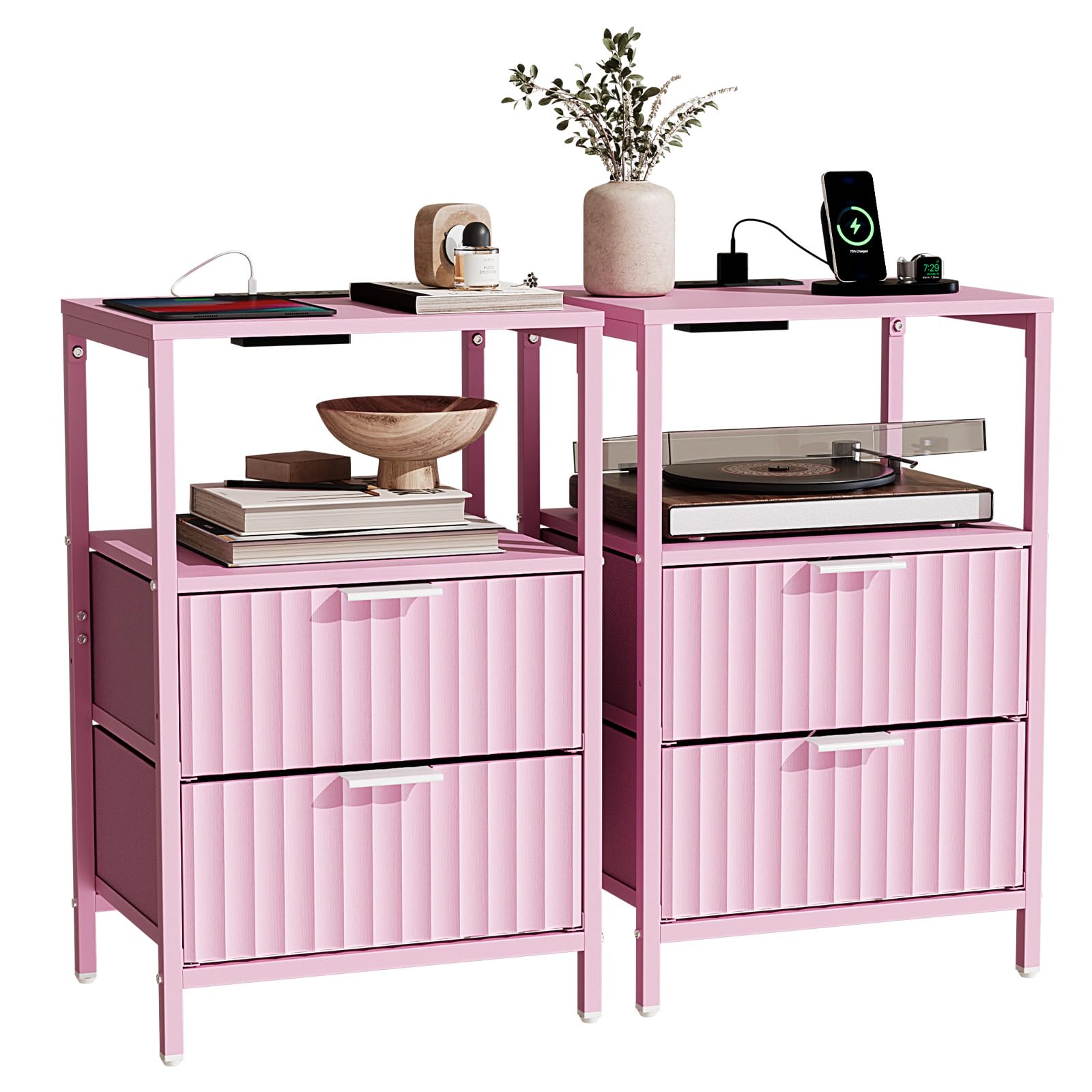 Bonnlo Bedside Table with Charging Station, Grille Nightstand with USB, Type-C and Plug, Small End Tables with 1 Shelf, 2 Fabric Drawers and Cabinet,38×30×60cm Bedside Cabinet (2, Macaron Pink)