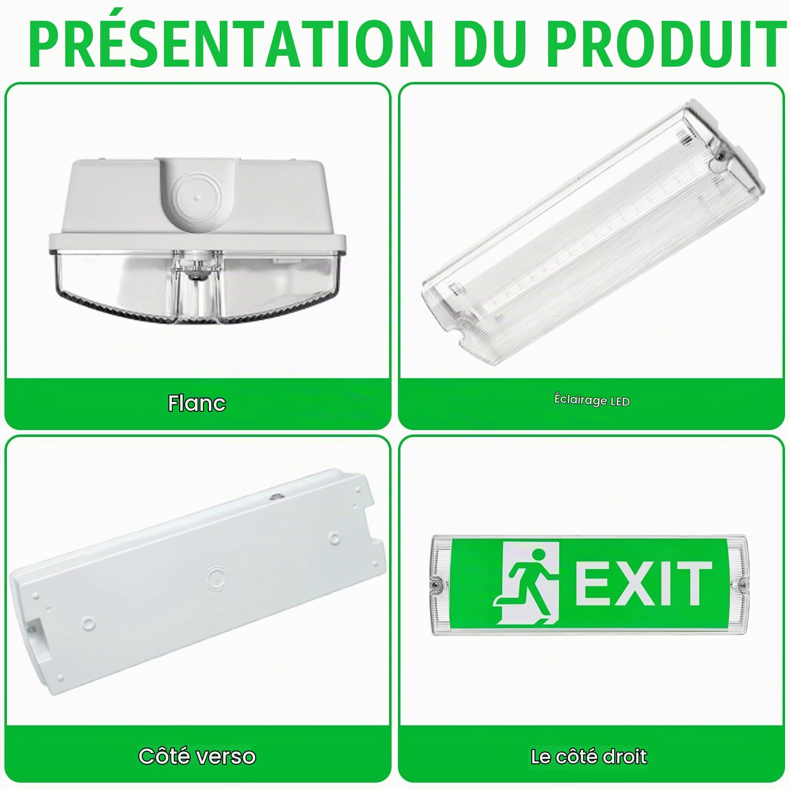 GOMETY Éclairage De Secours LED : Lumière De Secours Avec 4 Pictogrammes De Sortie, Éclairage De Secours Avec Batterie De Secours 3h, Luminaire Permanent Pour Établissements Publics (IP65, Blanc)