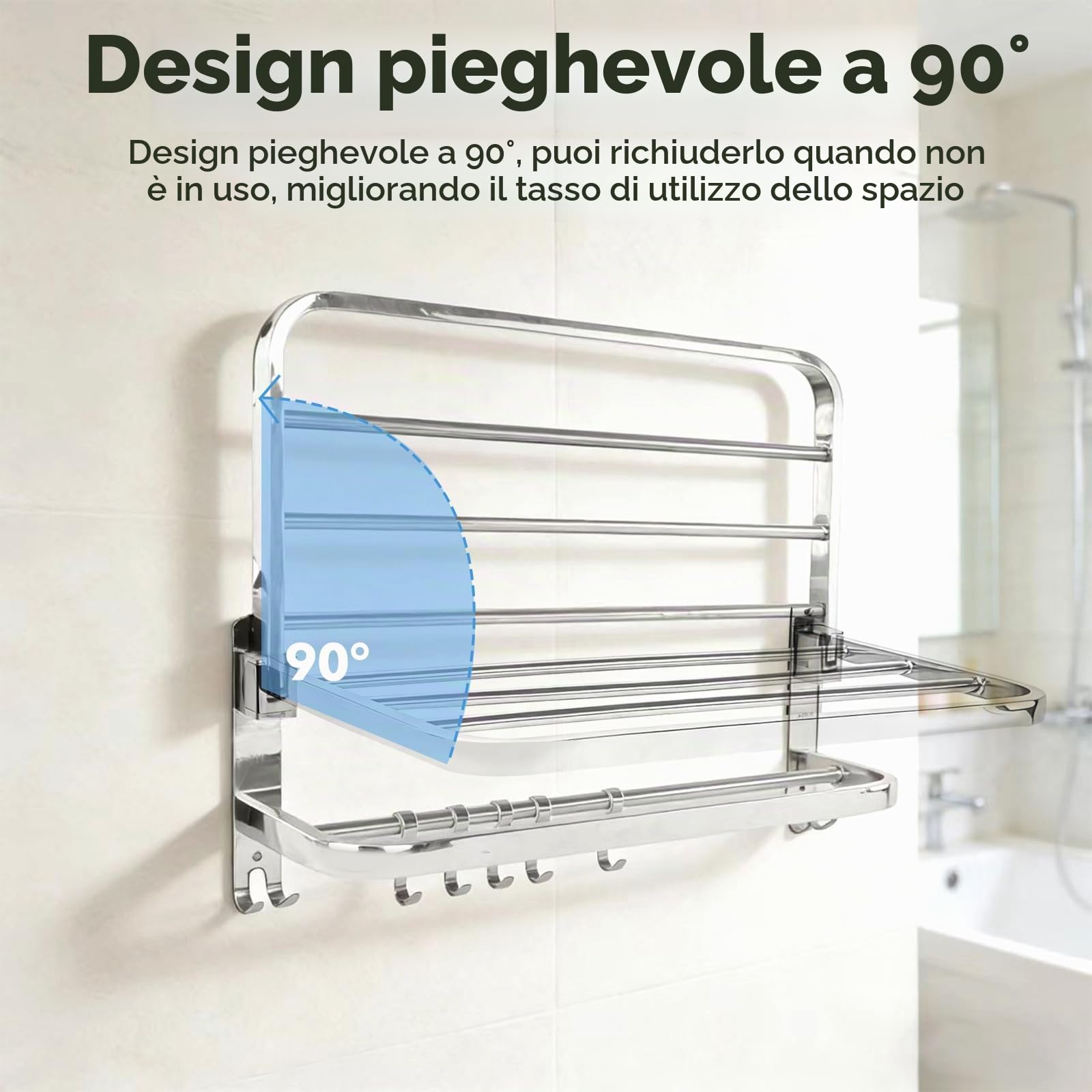 Portasciugamani pieghevole a 90° da parete autoadesivo con 5 ganci, portasciugamani a 2 piani in acciaio inox, mensola da bagno con doppia asta (50 cm)