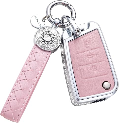 Funda para llavero de VW Volkswagen con llavero, carcasa de protección de cristal de cuero genuino rosa disponible en Yaxa Peru
