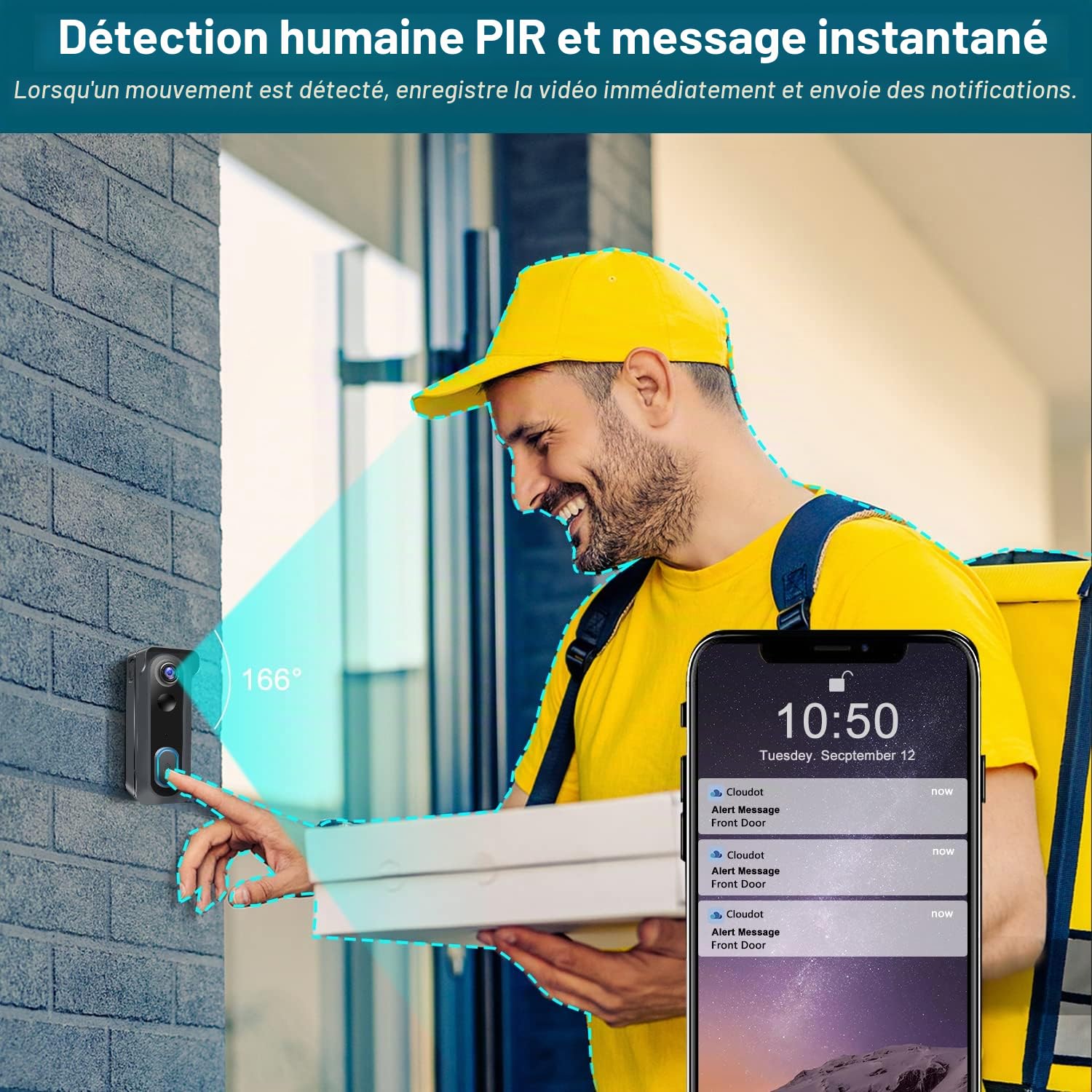 Sonnette vidéo sans fil avec carillon, sonnettes de porte intelligentes WiFi avec changeur de voix, détection de mouvement PIR, HD 1080P, vision nocturne, audio bidirectionnel, alimentée par batterie