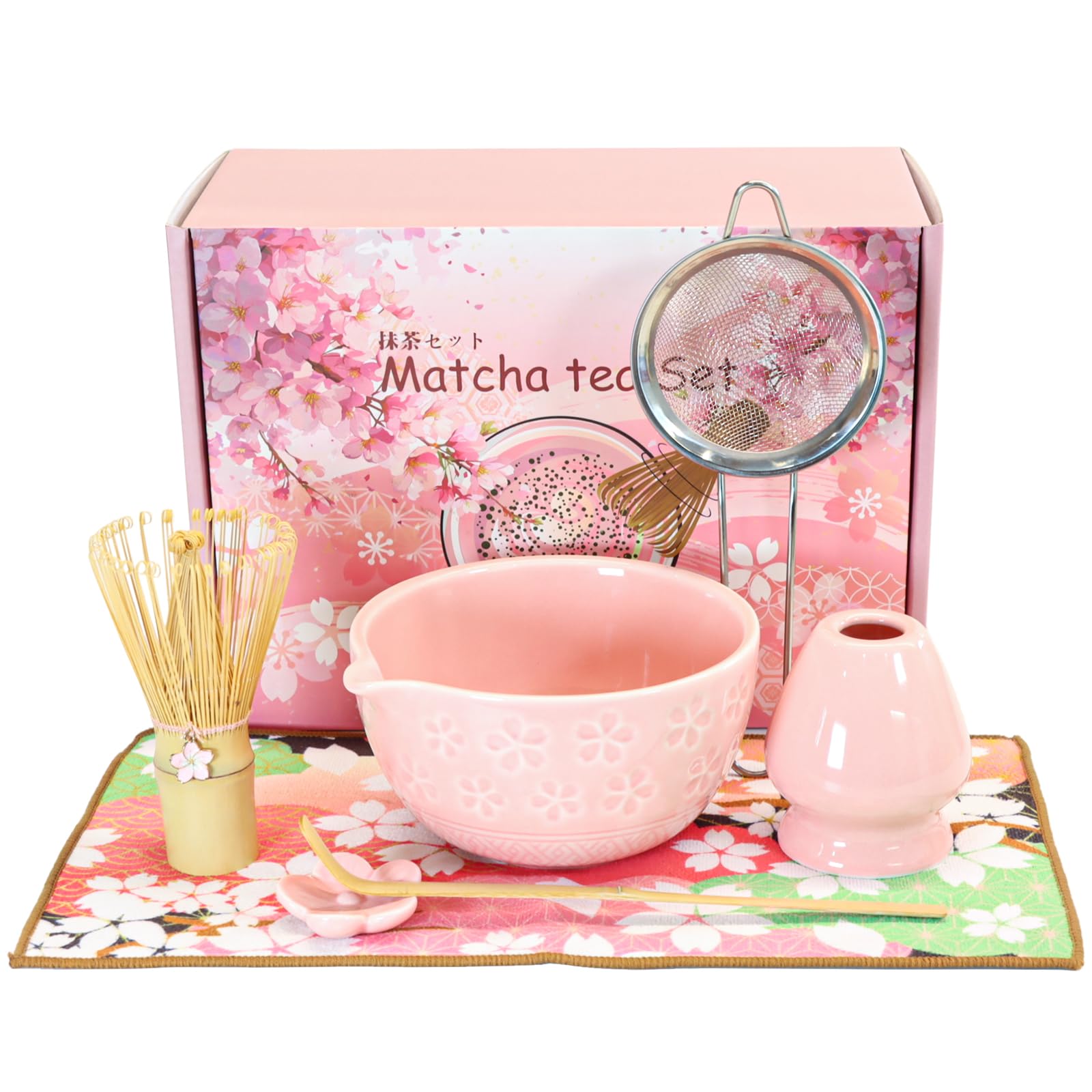 Matcha Set Handgedrehtes Matcha Tea Set mit Bambus Matcha Besen, Keramik Matcha Schale, Löffel und Halter, 7 Stk Prämie Ceremonial Matcha Set